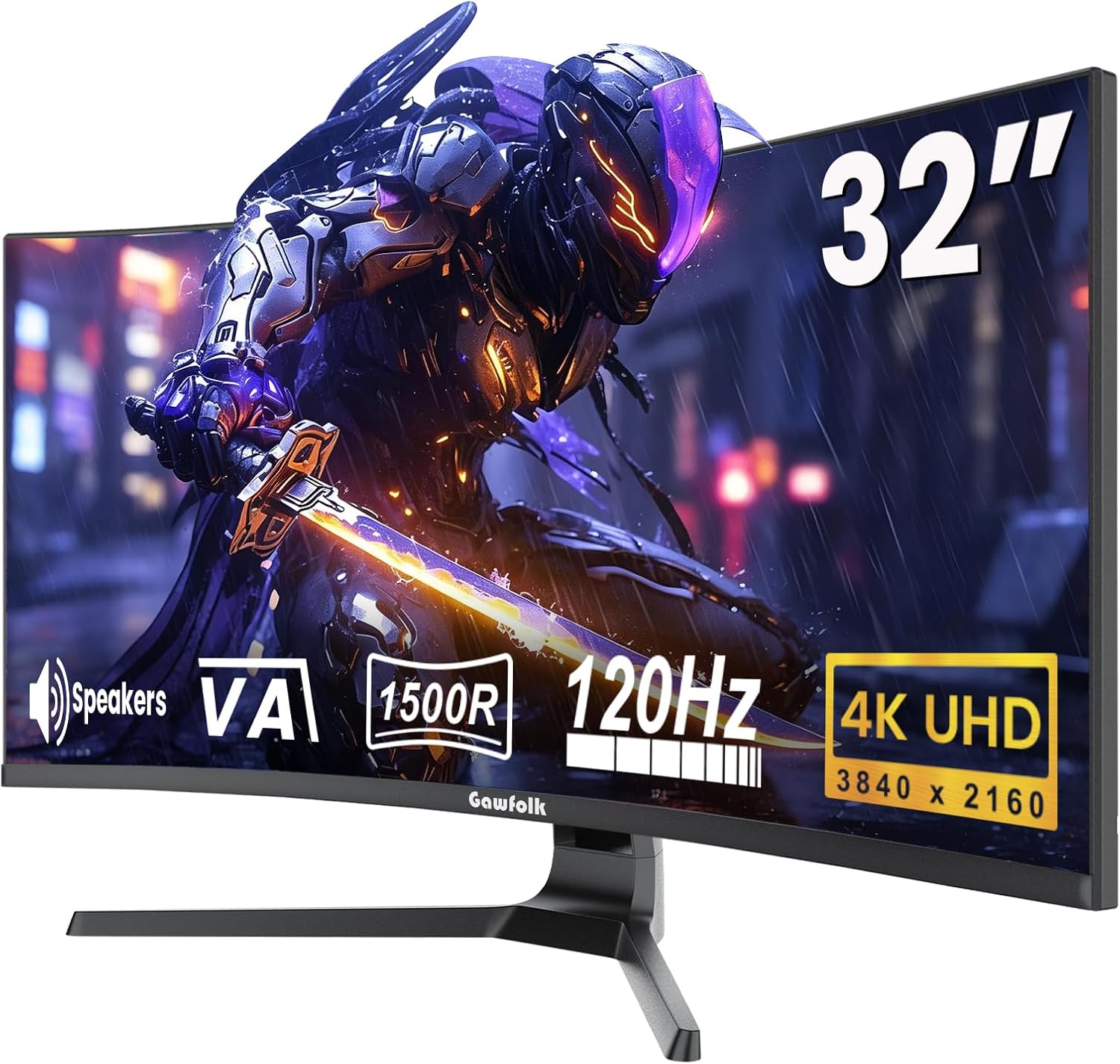 Gawfolk 32 inch curved 4K monitor with RGB ambient light on a desk