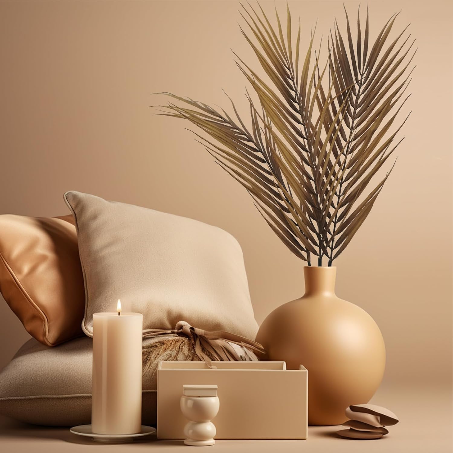 SNAIL GARDEN 8Pcs Fall Artificial Palm Leaves, 26.4" Plastic Faux Palm Fronds Autumn Tree Leaf with Stem Branches for Home Tall Vase Halloween Indoor Outdoor Table Centerpiece Fireplace Decor