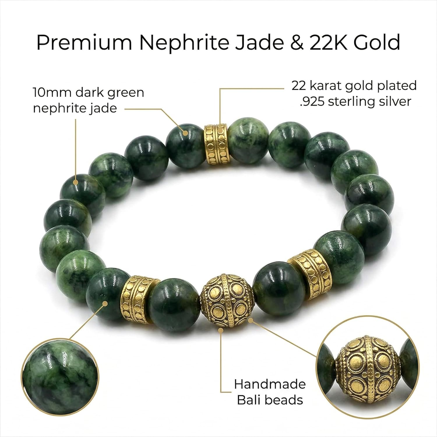 Kartini Studio Jade and Gold Bracelet, Dark Green Jade and Gold Beads Bracelet, Quality Bead Jewelry for Man