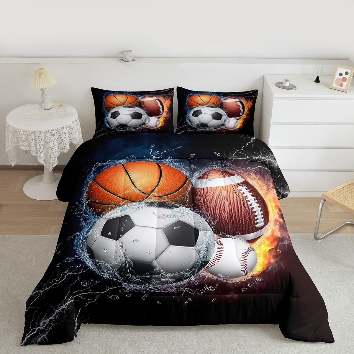 Football Bedding Set Baseball Full Size Comforter Sets Basketball Bedding Soccer Comforter with 2 Pillow Case, Sports Themed Room Decor for Boys Kids Teens, Fire and Ice Decoratives 3 Piece, Cozy
