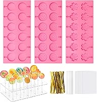 Vista 1 de Kit de 304 moldes de silicona para piruletas, moldes de caramelo rosa con 15 agujeros, soporte acrílico, palitos de 100P, bolsas, corbatas