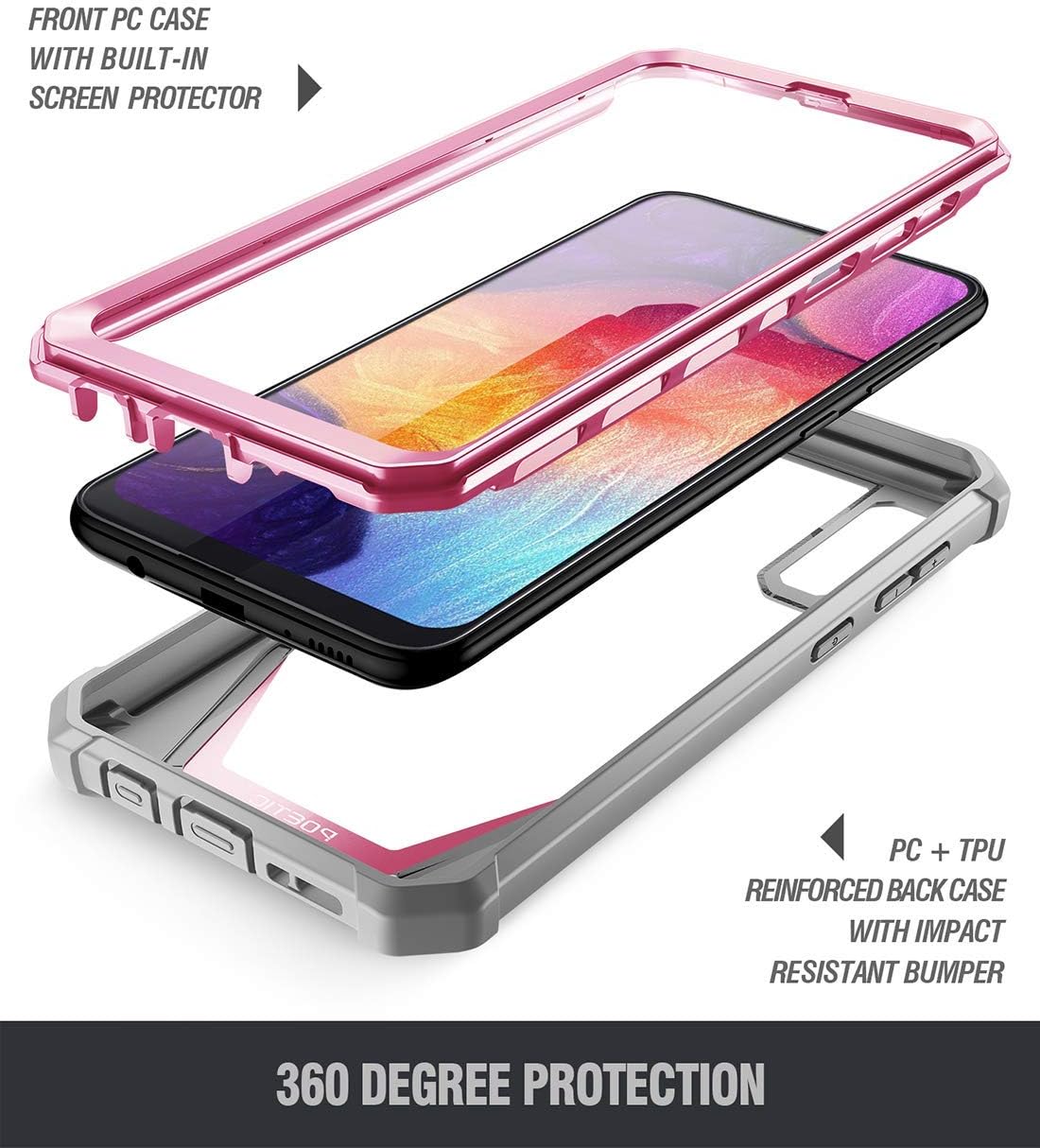 Hot Deals Poetic Guardian Series Case Designed for Samsung Galaxy A50/A50s Case, Full-Body Hybrid Shockproof Bumper Cover with Built-in-Screen Protector, Pink/Clear