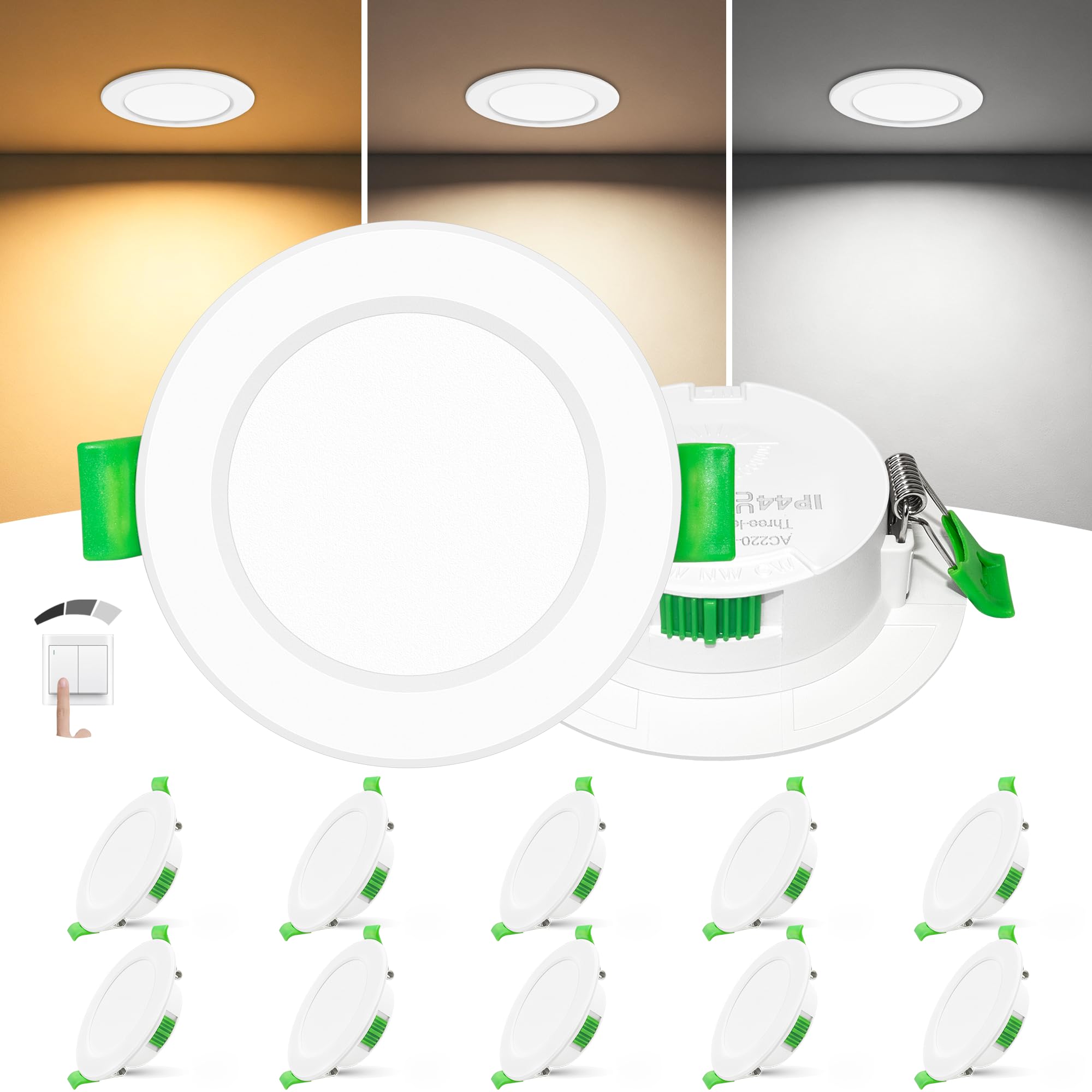 Pack de 10 Focos LED Empotrables Extra Planos 25mm, 6W Regulable 3 Intensidades sin Regulador, 2700K 4000K 6000K, IP44 Ojos de Buey LED Techo, Corte Ø58-68mm 230V, Blanco