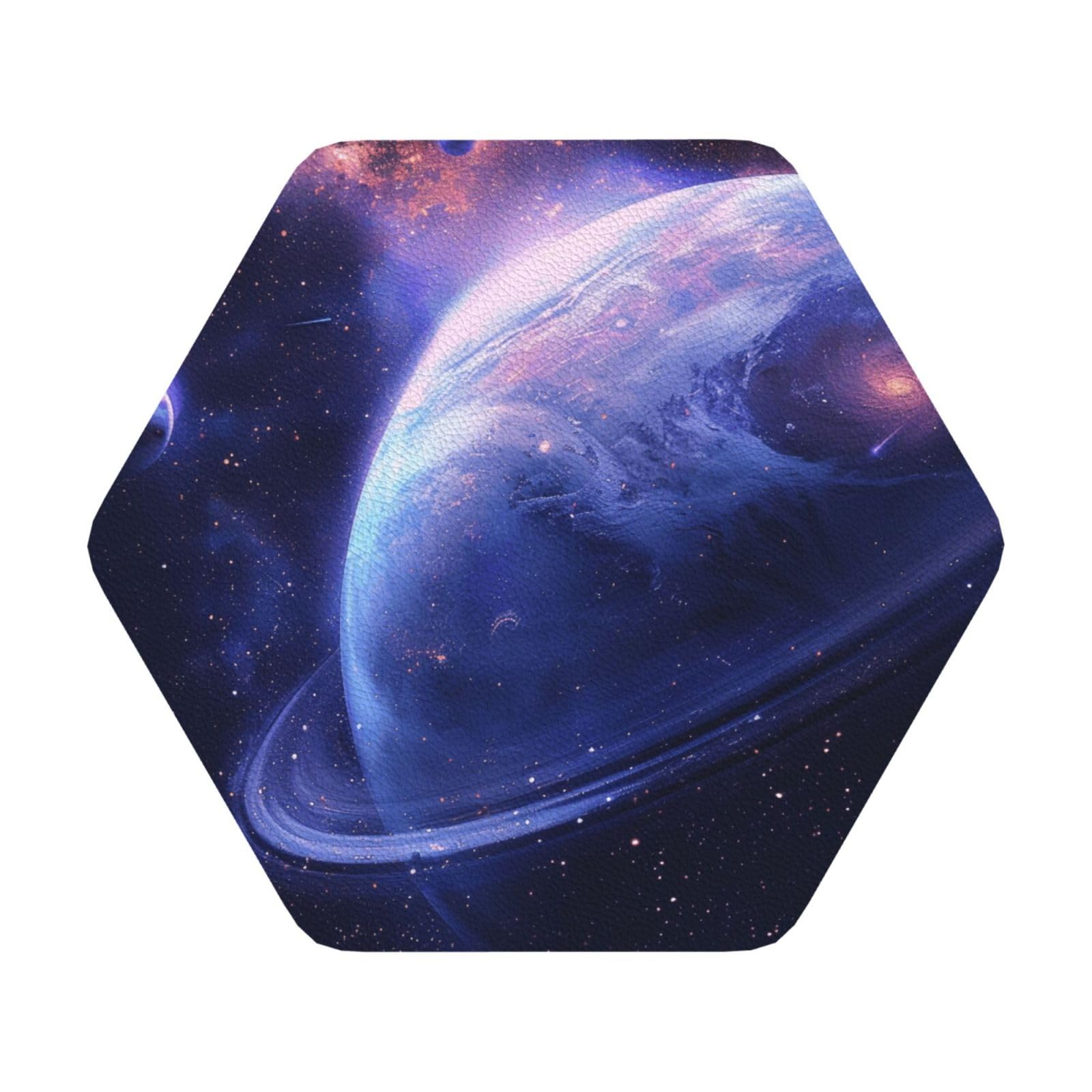 Planet Print Leather Coaster Set of 6, Hexagon Coasters Table Decorative Coffee Cup Beverage Coasters Wine Beer Bar Coasters for Hot Drinks Table Protection