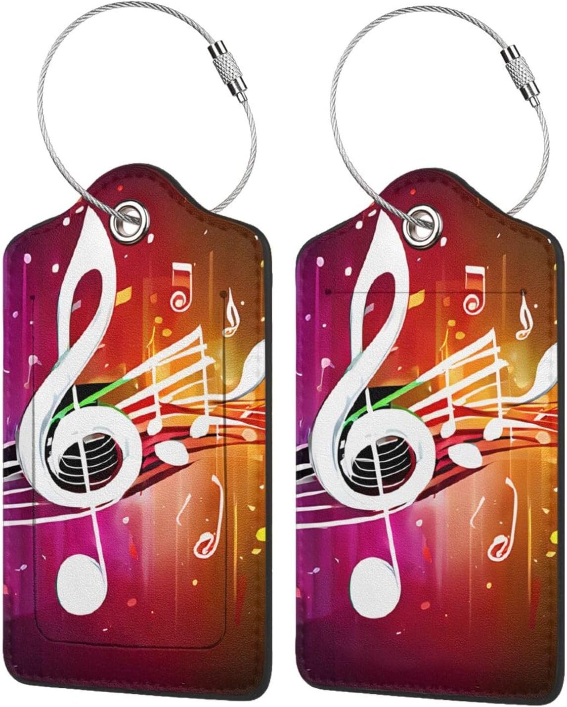 Music Note 2 Pack PU Leather Luggage Tags, Double Sided Printed Travel Bag Tags with Privacy Cover