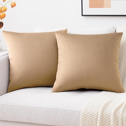 Mixhug - Fundas de almohada decorativas de terciopelo, fundas cuadradas de cojín para sofá y cama, juego de 2 fundas color tostado, 18 x 18 pulgadas