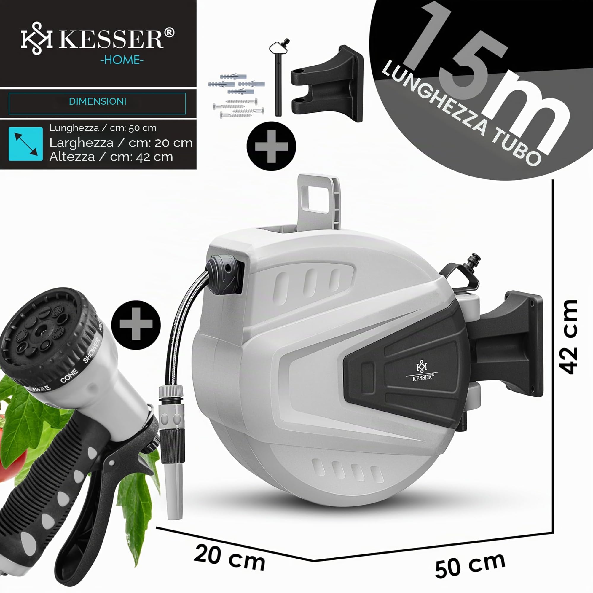 KESSER® Avvolgitore di Tubi Acqua | Doccetta Multipla | Orientabile a 180° | Tappo di riavvolgimento | Cassetta dei Tubi a Parete | Avvolgitubo dell'Acqua | Pompa da Giardino, Arancione, 15 Metri