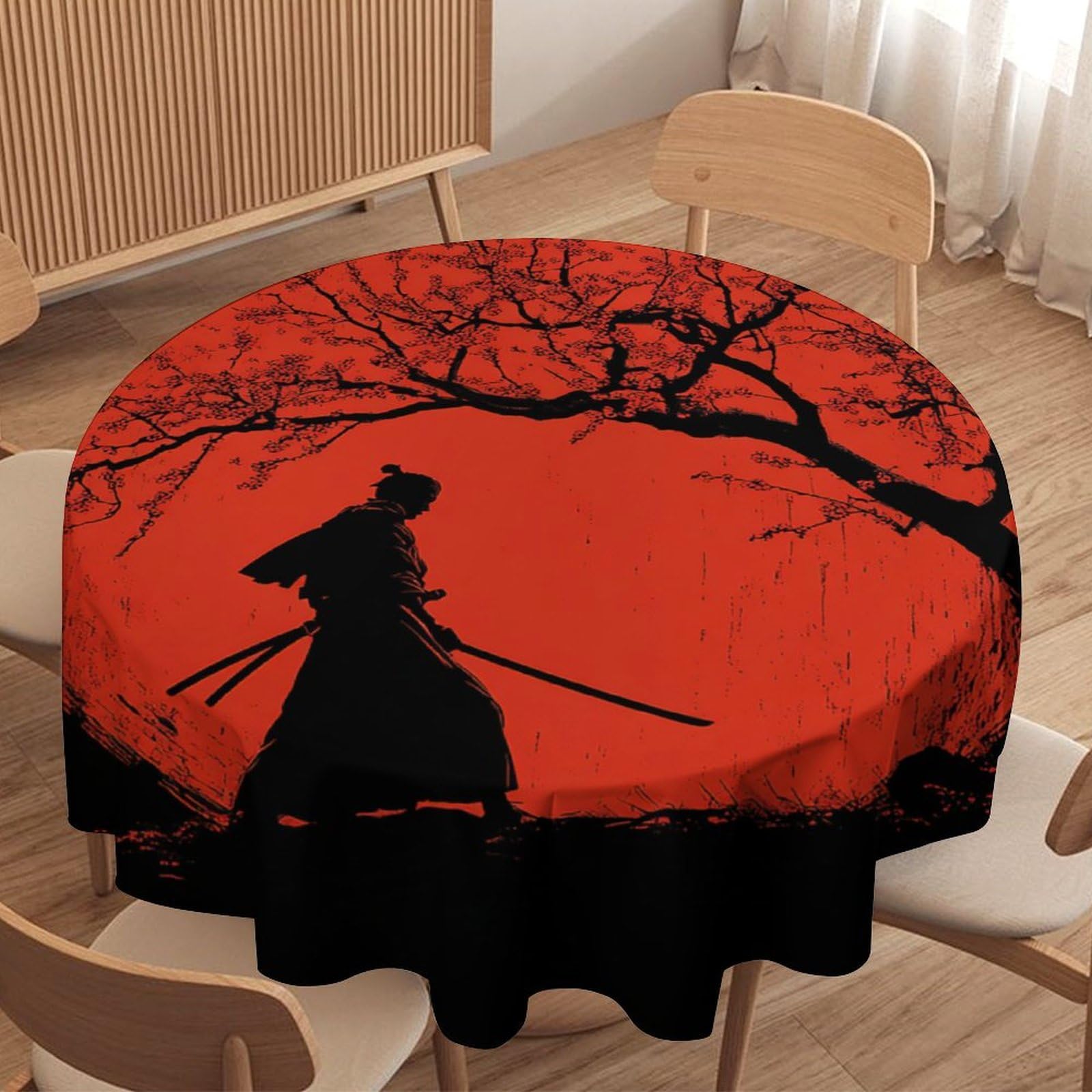 LUYYSKY Rustic Vintage Japanese Samurai Round Tablecloth Beautiful Abstract Cherry Blossom Tree Red Sun Pattern Washable Decor for Table Cover for Kitchen-127 Wx127 L cm