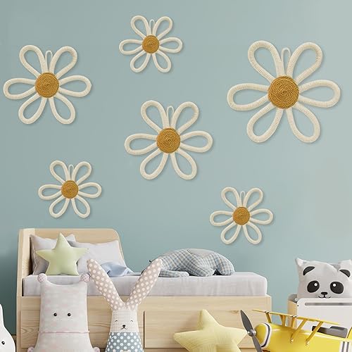 6 piezas de decoración de pared bohemia con margaritas, flores tejidas para colgar en la pared, decoración floral bohemia beige con cordón para