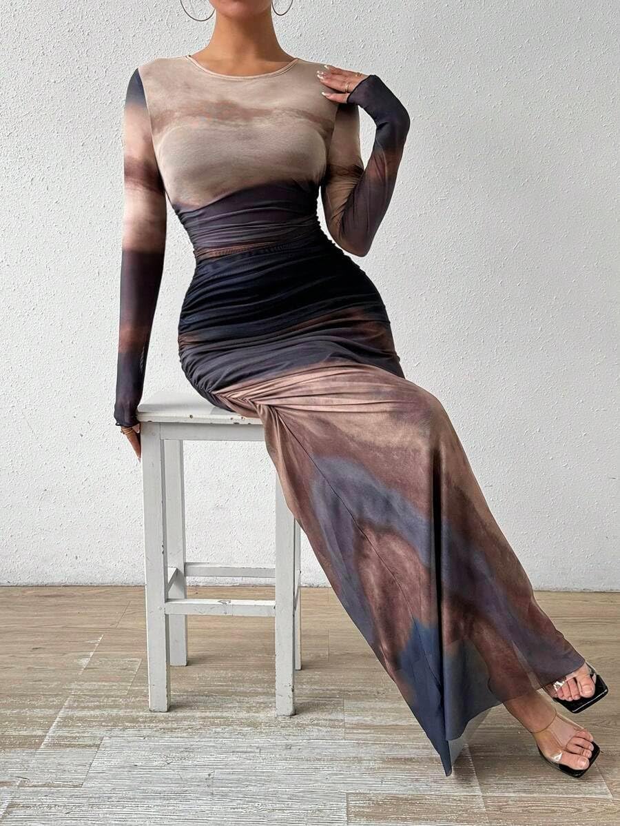 LIGHT DOT Women's Printed Bodycon Maxi Dress Long Sleeve Tie Dye Mesh Ruched Cocktail Dress - Image 3