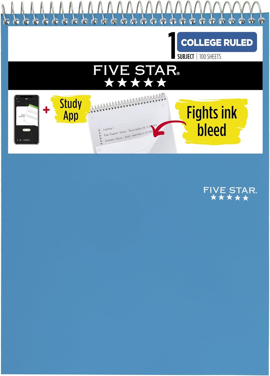 Five Star Top Spiral Notebook + Study App, 1 Subject, College Ruled Notepad, 8-1/2″ x 11″, 100 Sheets, Fights Ink Bleed, Water Resistant Cover, Tidewater Blue (820058D-ECM)