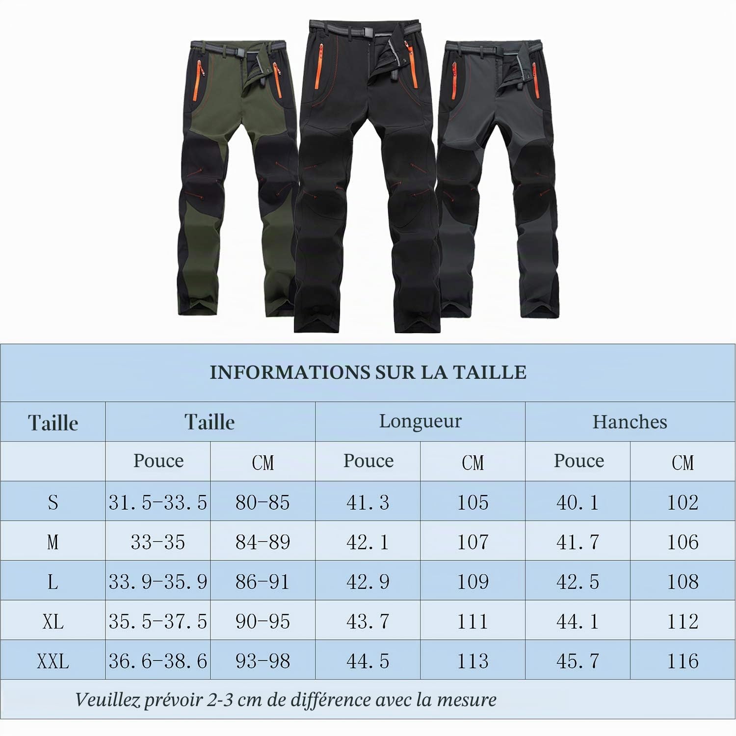 pour des Hommes Extérieur Pantalons de Randonnée Poids Léger Résistant à l'eau en Marchant Chasse avec Ceinture