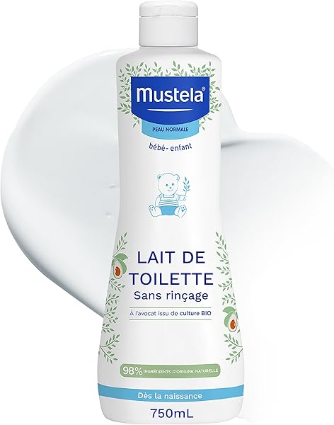 Mustela - Lait de Toilette Bébé Sans Rinçage - Soin Nettoyant et Favorisant l'Hydratation - 98% d'ingrédients d'origine naturelle - Haute Tolérance - Hygiène Bébé Douce Visage et Siège - Peau Normale