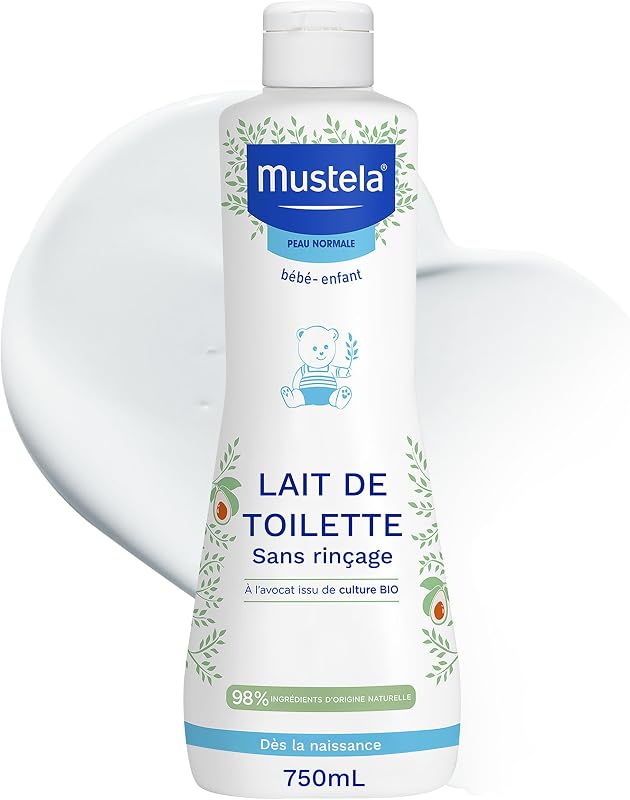Mustela - Lait de Toilette Bébé Sans Rinçage - Soin Nettoyant et Favorisant l'Hydratation - 98% d'ingrédients d'origine naturelle - Haute Tolérance - Hygiène Bébé Douce Visage et Siège - Peau Normale