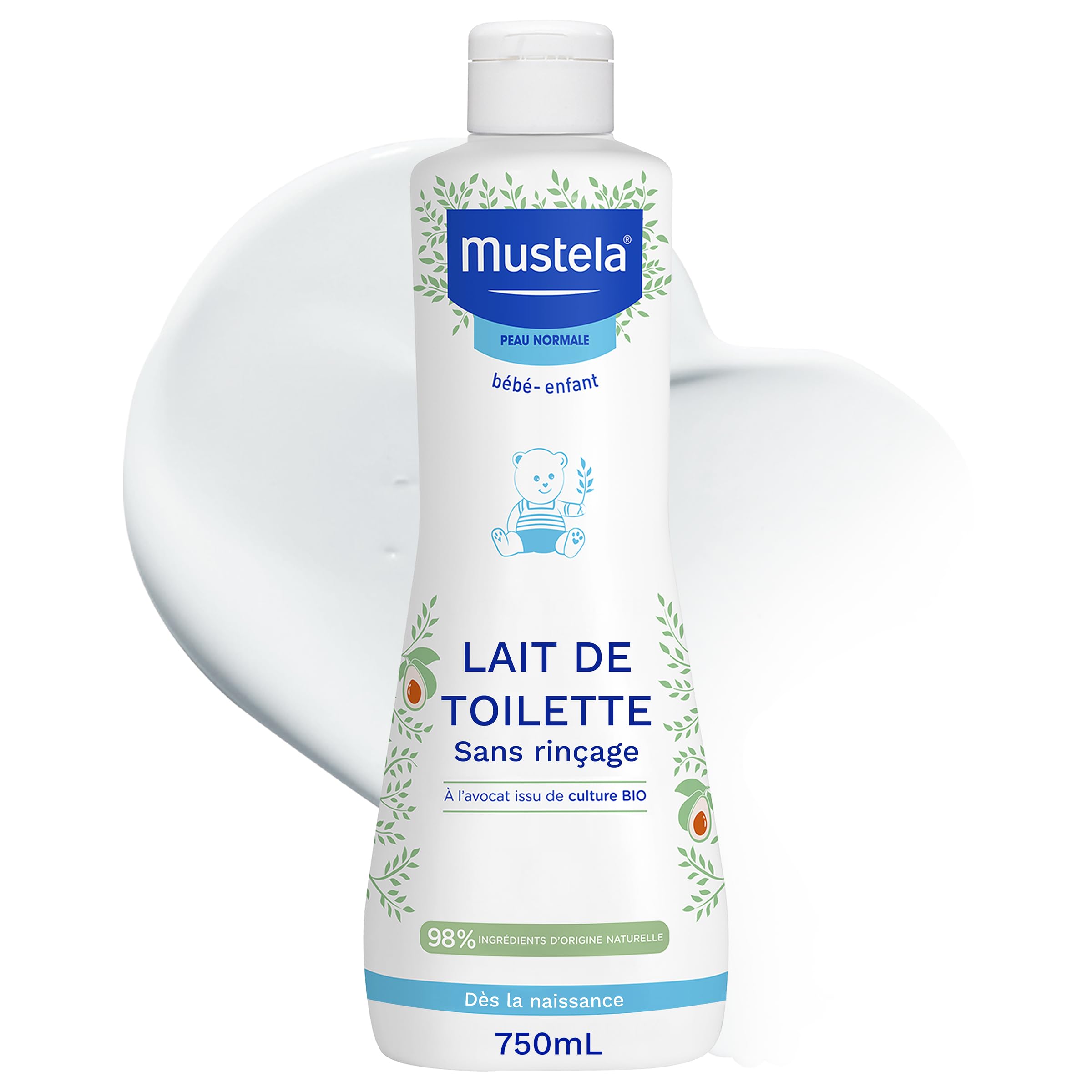 Mustela - Lait de Toilette Bébé Sans Rinçage - Soin Nettoyant et Favorisant l'Hydratation - 98% d'ingrédients d'origine naturelle - Haute Tolérance - Hygiène Bébé Douce Visage et Siège - Peau Normale