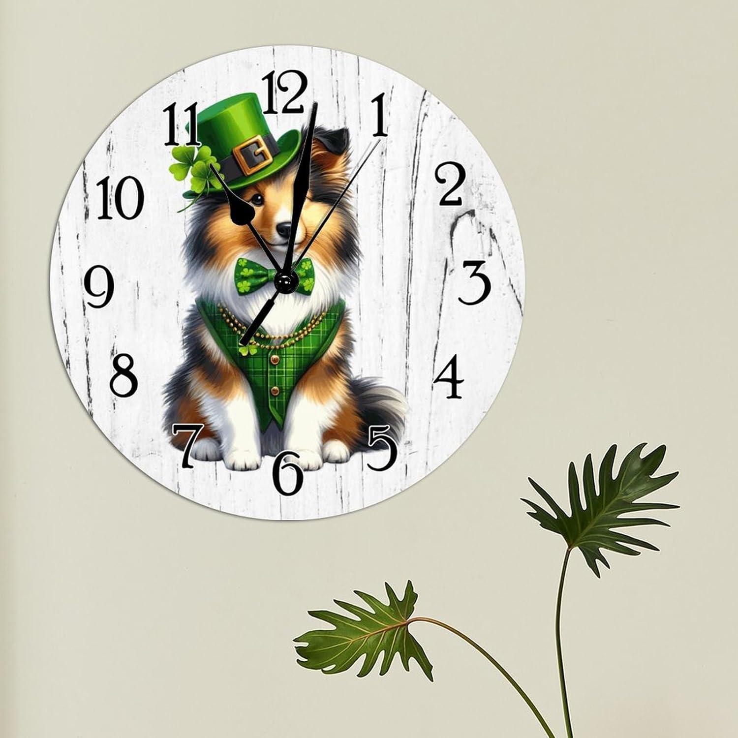 Shetland Sheepdog St. Patrick's Day Wood Wall Clock Shetland Sheepdog Dog Green Leprechaun Hat Leaf Clock Battery Operated Silent Hanging Wall Clocks Pet Owner Gift Wooden Clock 12x12in