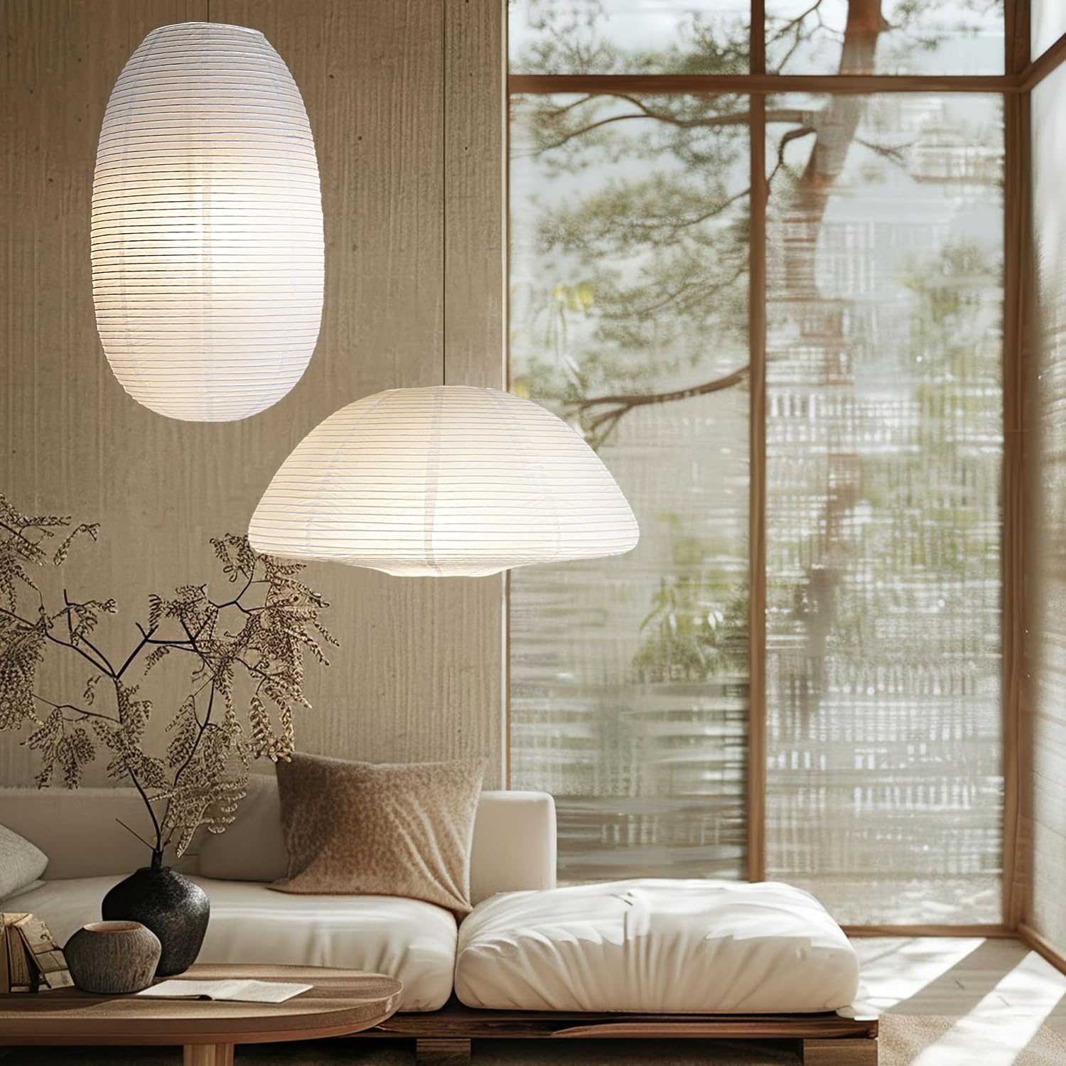 METHEDEECO White Paper Lanterns 19+21inch 2PCS Large Rice Paper Lamp Shade Hanging Semicircular and Elliptical Pendant Light Shade Chinese Lantern for