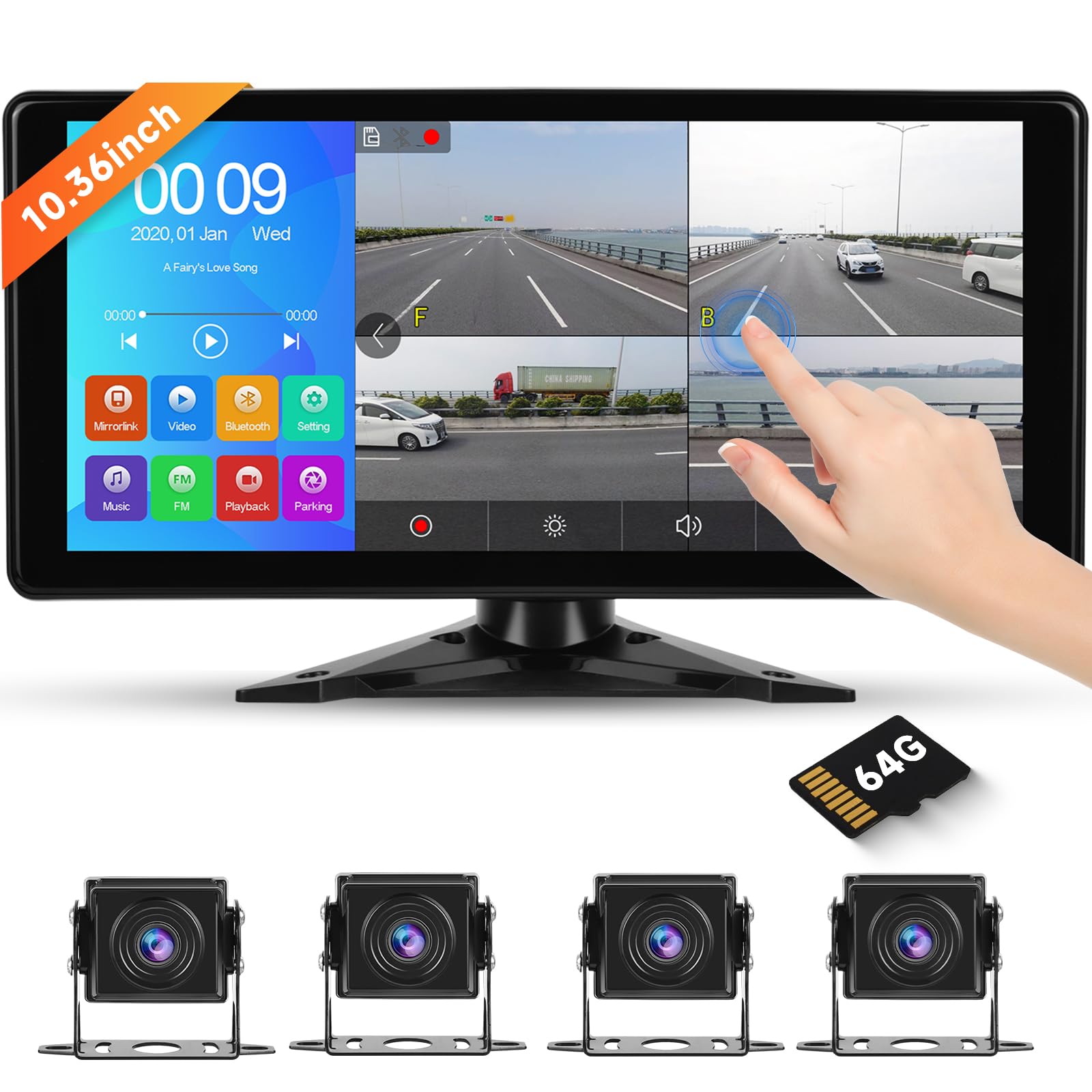 Hodozzy 4 Cámara de Visión Trasera para 10.36'' Monitor Pantalla 4-Dividido 1080P DVR con Bluetooth, con USB/Tarjeta SD, IP69 Impermeable Visión Nocturna para Camión RV Tractor 7V-32V