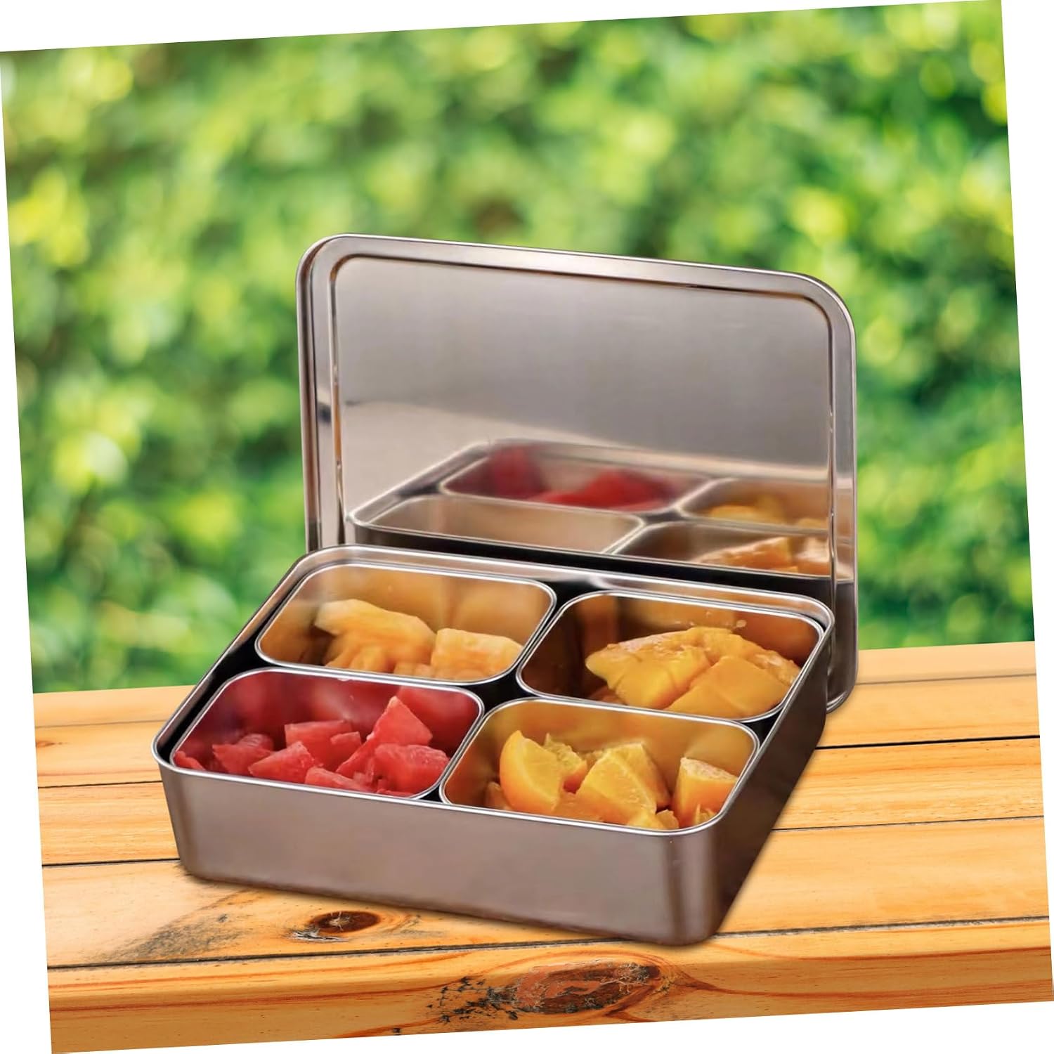 LABRIMP Compartment Condiment Box Lid Multi-grid Storage Tray for Fruits Snacks and Seasoning Stainless Steel Garnish Holder for Bartending and Serving