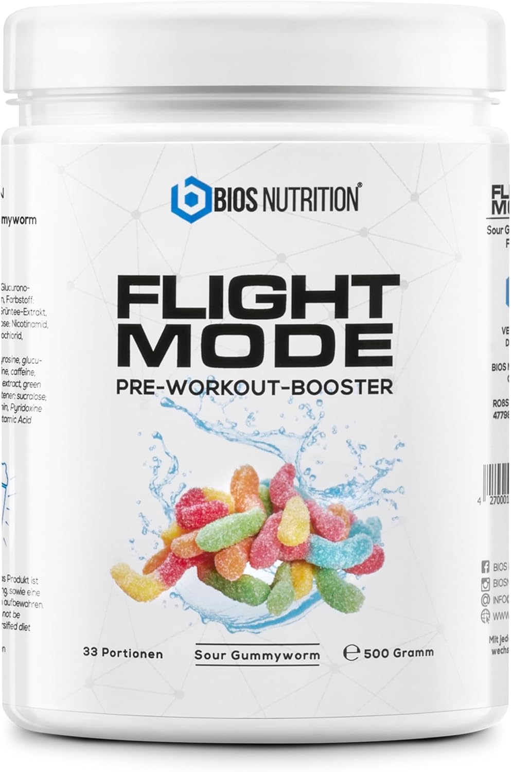 FLIGHTMODE Pre-Workout Booster 500gr (Zure gummiworm) Vegan – 33 porties – geen tinteling & zonder creatine – Bios Nutrition (Gemaakt in Duitsland)