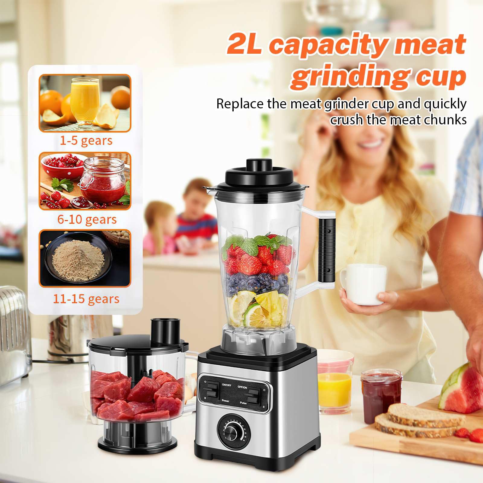 6600W Robot Cocina Multifuncional, Cuenco Mezclador 3 L, Batidora Batidora, Molinillo de café, Ergonómico, Trituradora de Granos, Batidos, Hielo Picado, Batidora y Batidora de Batidos