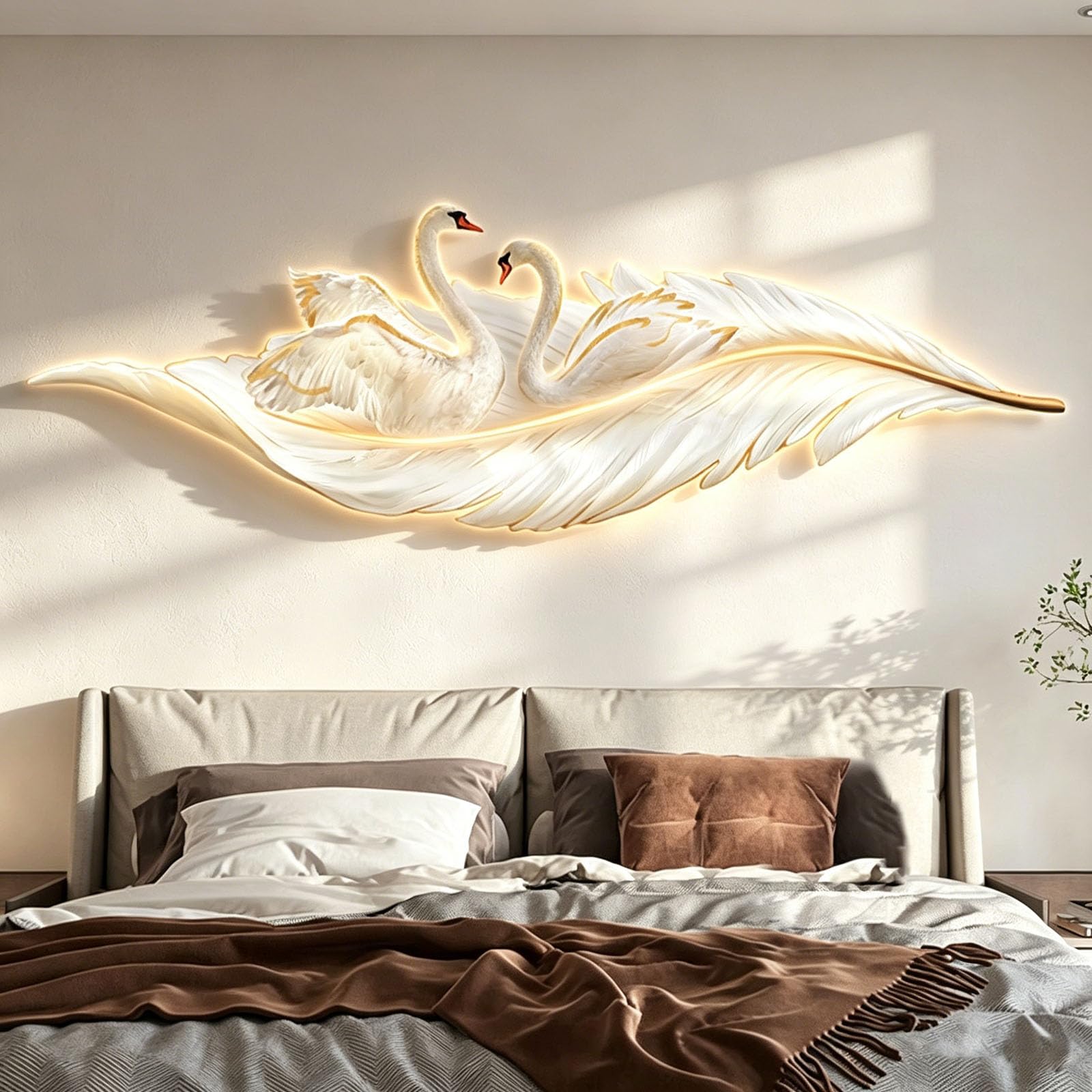 JSLXNDM 3D LED Wall Art Sculpture Lighted Decor, Modern Wall Art Feather & Deer Painting, Decorative Backlit Wall Hanging for Living Room, Bedroom Entryway Hallway E 59.1" × 19.7" (150×50 cm)