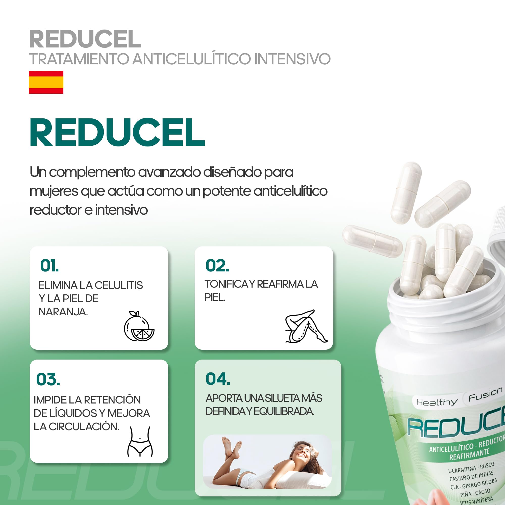 Reducel Potente Reafirmante Anticelulítico 100 Cápsulas L-Carnitina Cafeína CLA