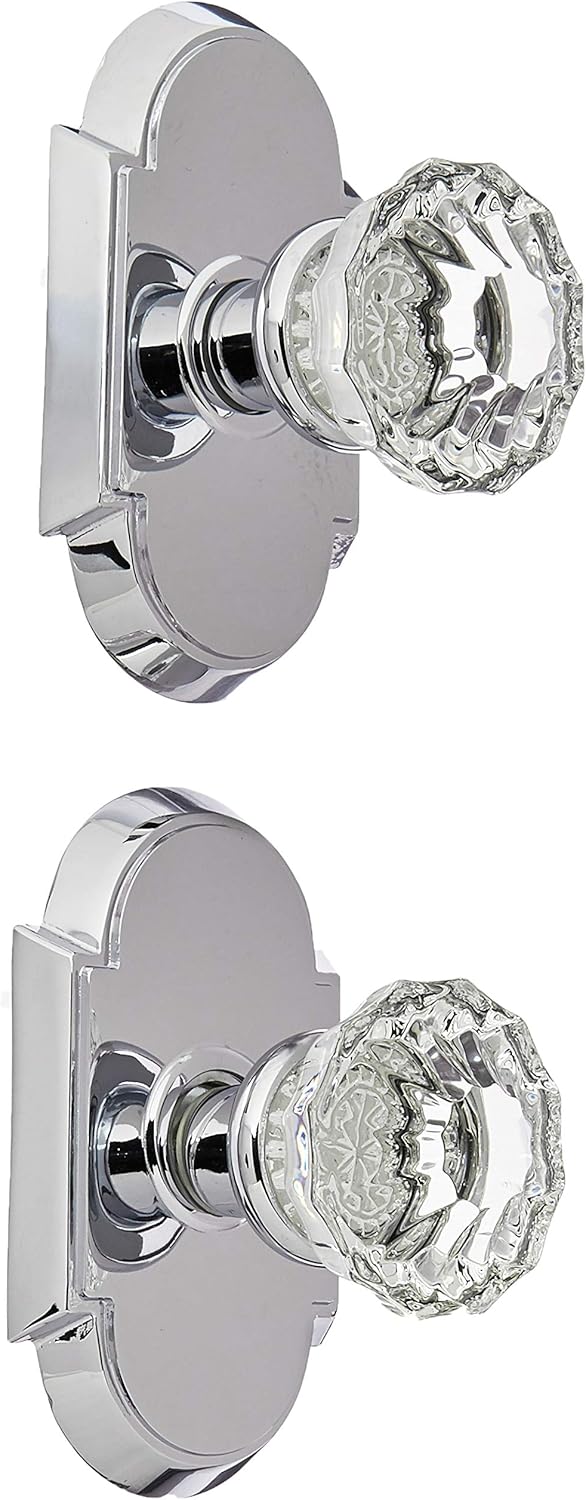 Arched Rosette Set with Fluted Crystal Knobs Double Dummy in Polished Chrome. Old Door Knobs.