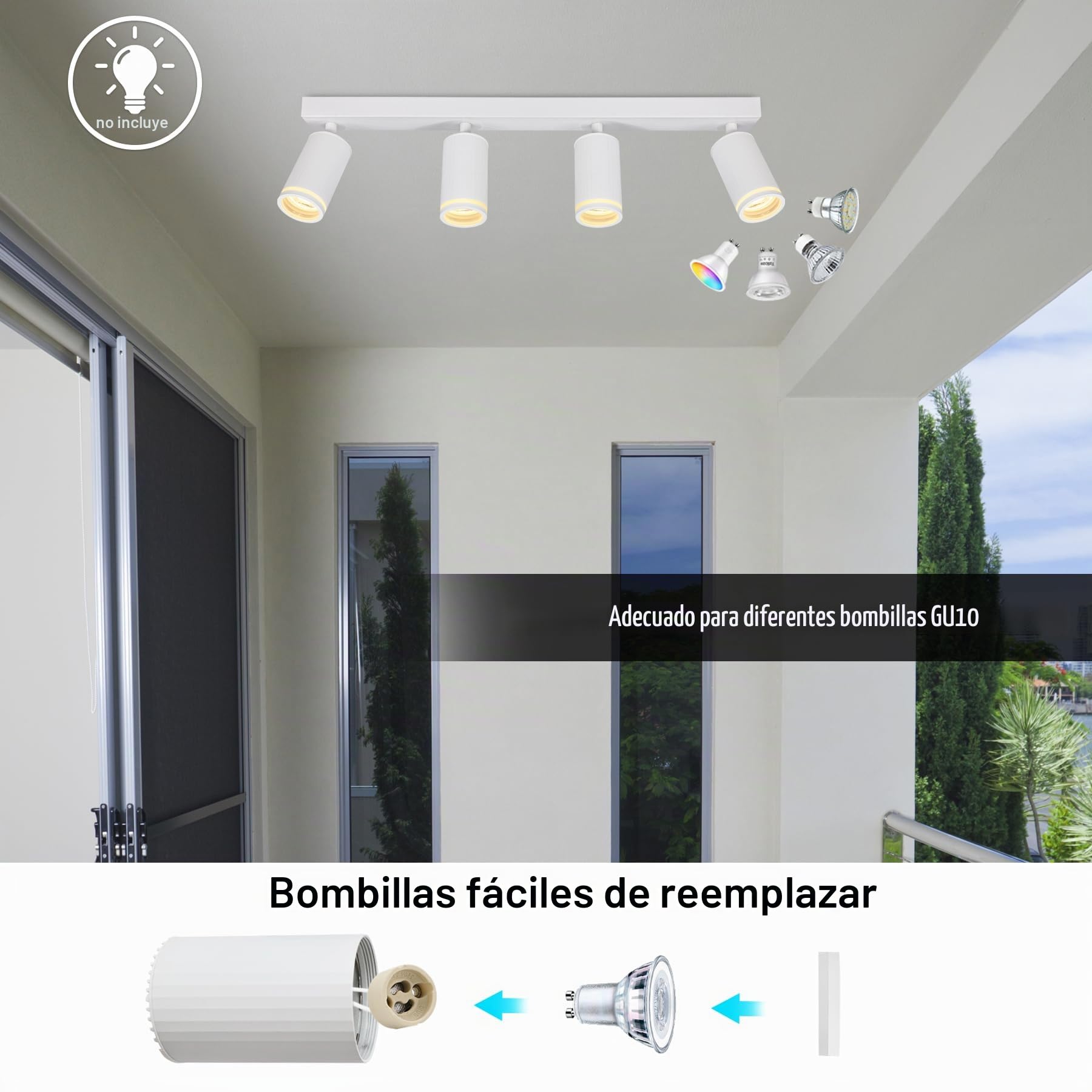 Focos LED Interior Techo con 4 Focos GU10, Lámpara de Techo Ajustables y Giratorios, Blanco Apliques Techo Interior Moderno para Salon Dormitorio Cocina Pasillos, Sin Bombilla GU10