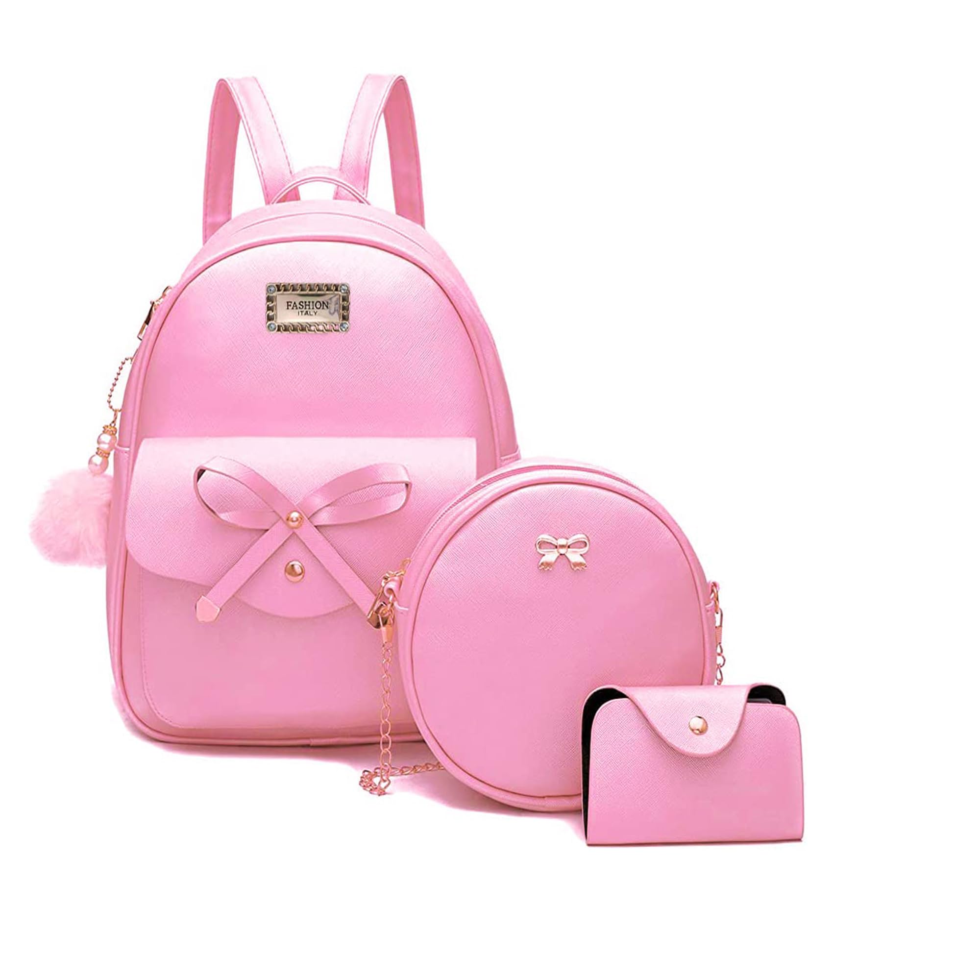 Women\'s Pink PU Leather lightweight Fahsion 3-Pieces Backpack Shoulder Bag FabiGun Conceal Carry Backpack Stitched Pink Leather | Smoky  main image 2