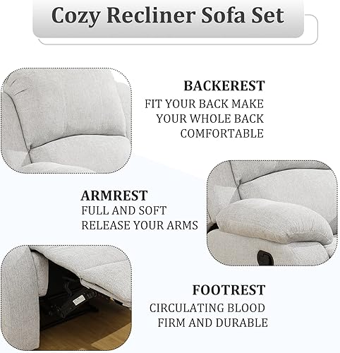 Miniatura 3 de Juego de sofá reclinable de tela de microfibra, juego de muebles de sala de estar, juego de sofá reclinable manual, 3 piezas (gris blanco)
