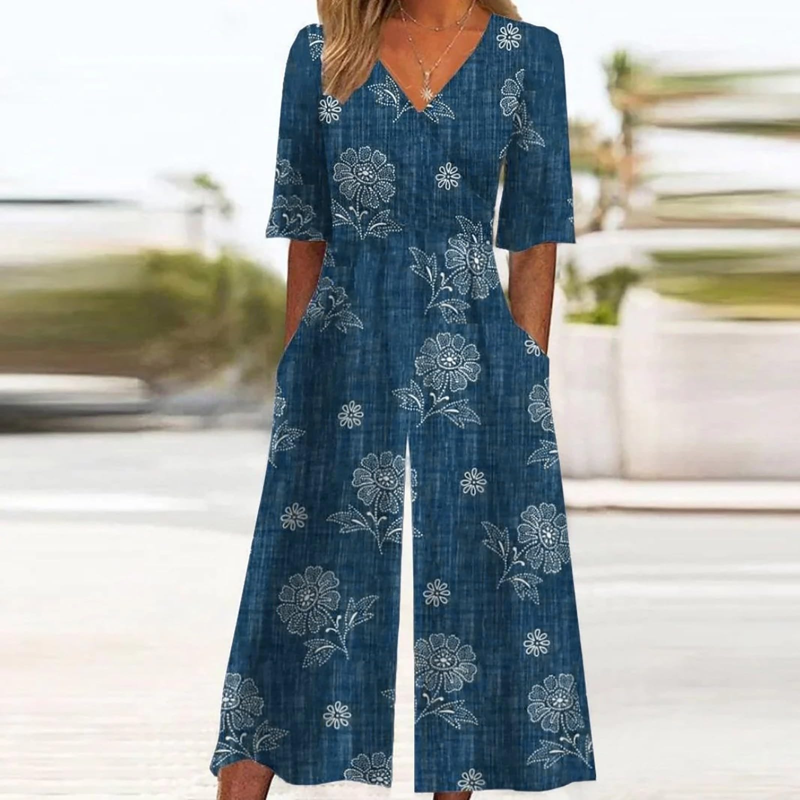 Damen Jumpsuit Boho Style V-Ausschnitt Halbarm Bequeme Freizeit Overalls Weite Hose Mit Tasche Elegante Einteiler Sommer