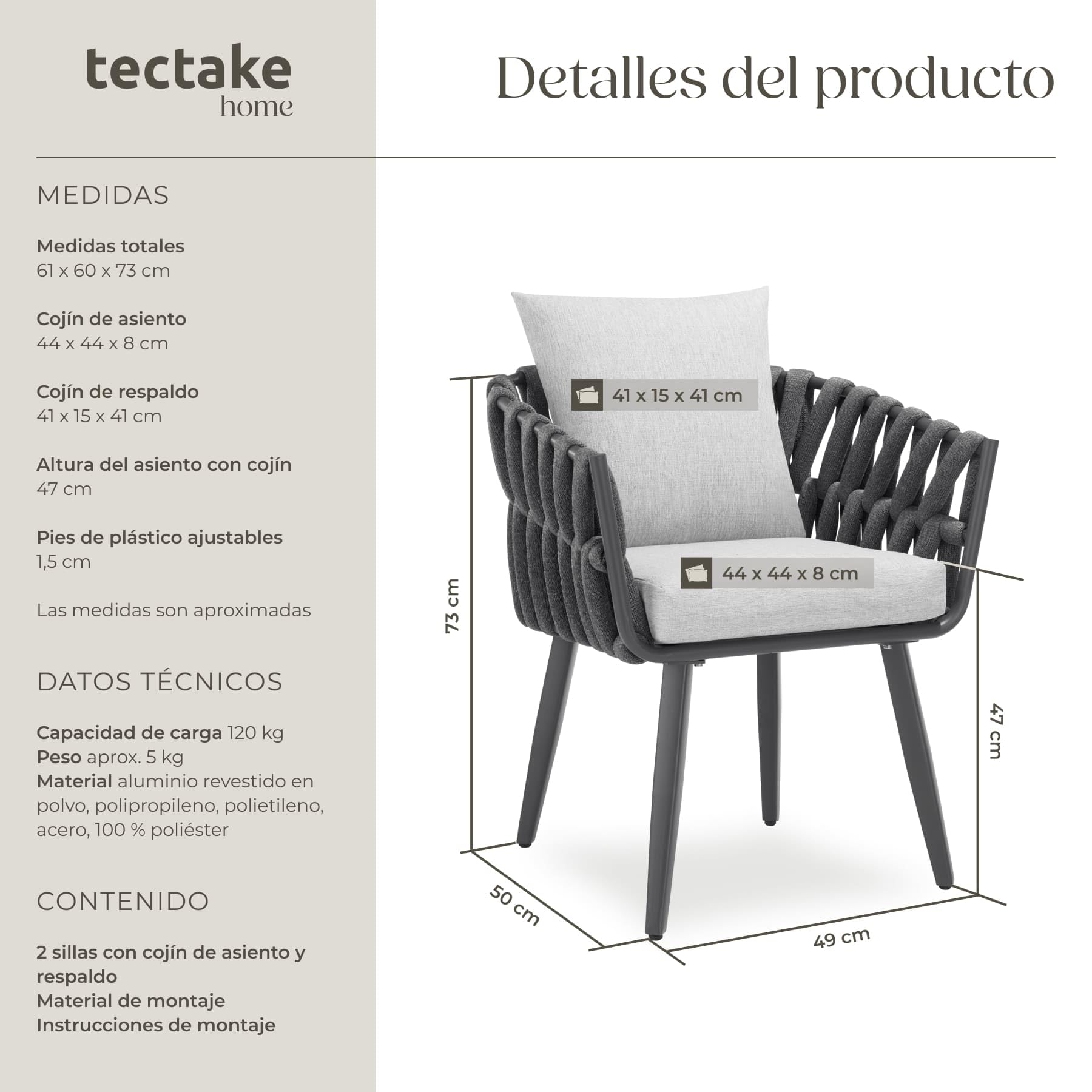 tectake® Set 2X Sillas de Jardín con Diseño de Cuerda, Sillas de Terraza en Aluminio, Cojín en Asiento y Respaldo, Fundas Extraíbles y Repelentes al Agua, Patas Ajustables, Resistentes a Intemperie