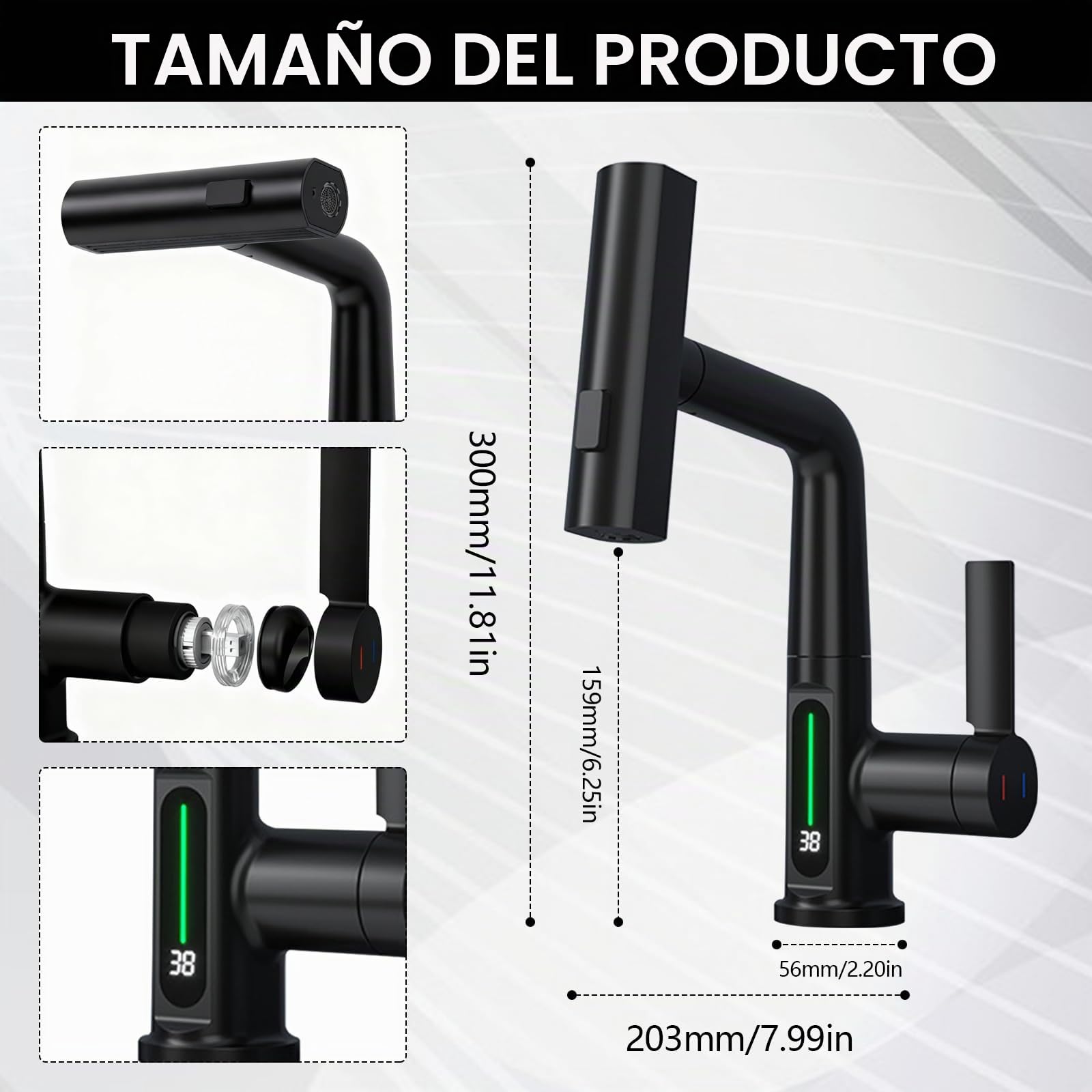 Grifo Cocina Extraible, Grifo de Baño con LED de Temperatura Grifos de Cocina Fregadero con 3 Modos de Flujo de Agua Orientable de 360° grifo de cascada de baño Negro Altura Ajustable