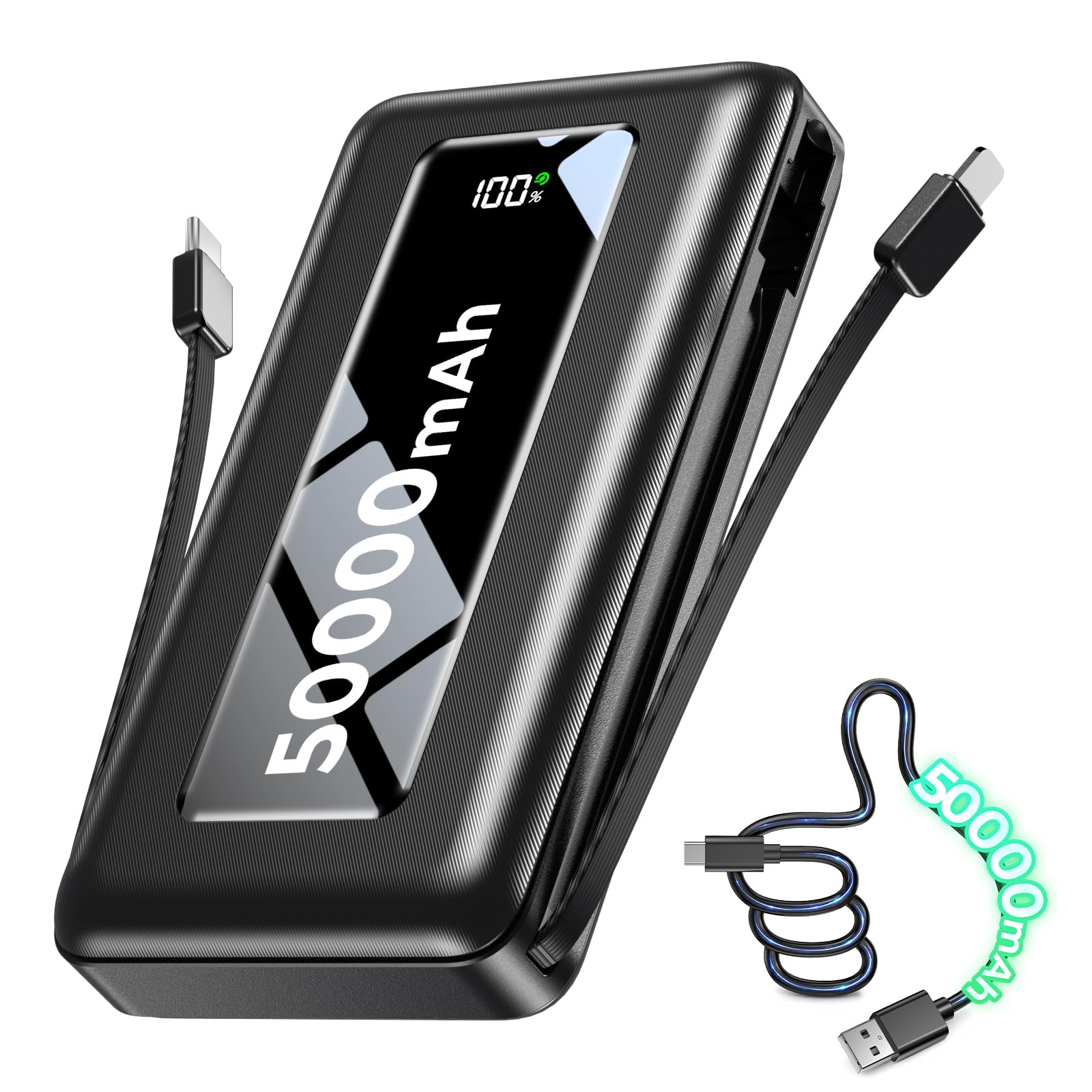 Portable Charger Power Bank 50000mAh, 22.5W PD Fast Charging Battery Pack with Built-in USB-C/iOS Cables, Flashlight, Camping Travel Essential for iPhone 17/16/15, MacBook, Samsung - Ebony