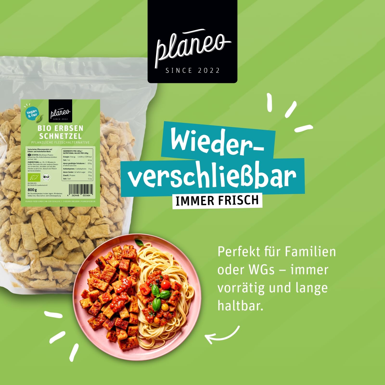 Planeo BIO Erbsen Schnetzel 800g – Veganer Fleischersatz mit über 50% Eiweiss, ideal für Geschnetzeltes & Eintöpfe, aus Erbsen- und Ackerbohnenprotein