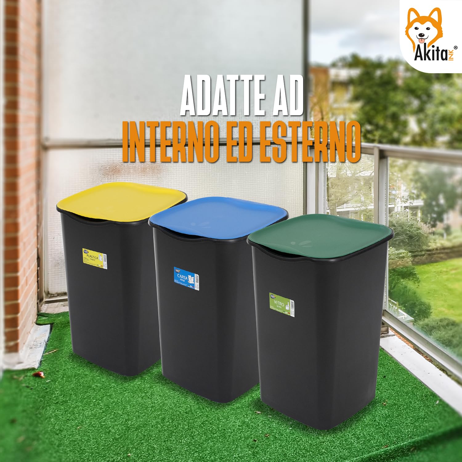 AKITAInk - Set 3 Pattumiere Differenziate AKIJAZZ3, Secchio Pattumiera 3 Bidoni da 50 litri – Organizza la Raccolta con Stile e Funzionalità
