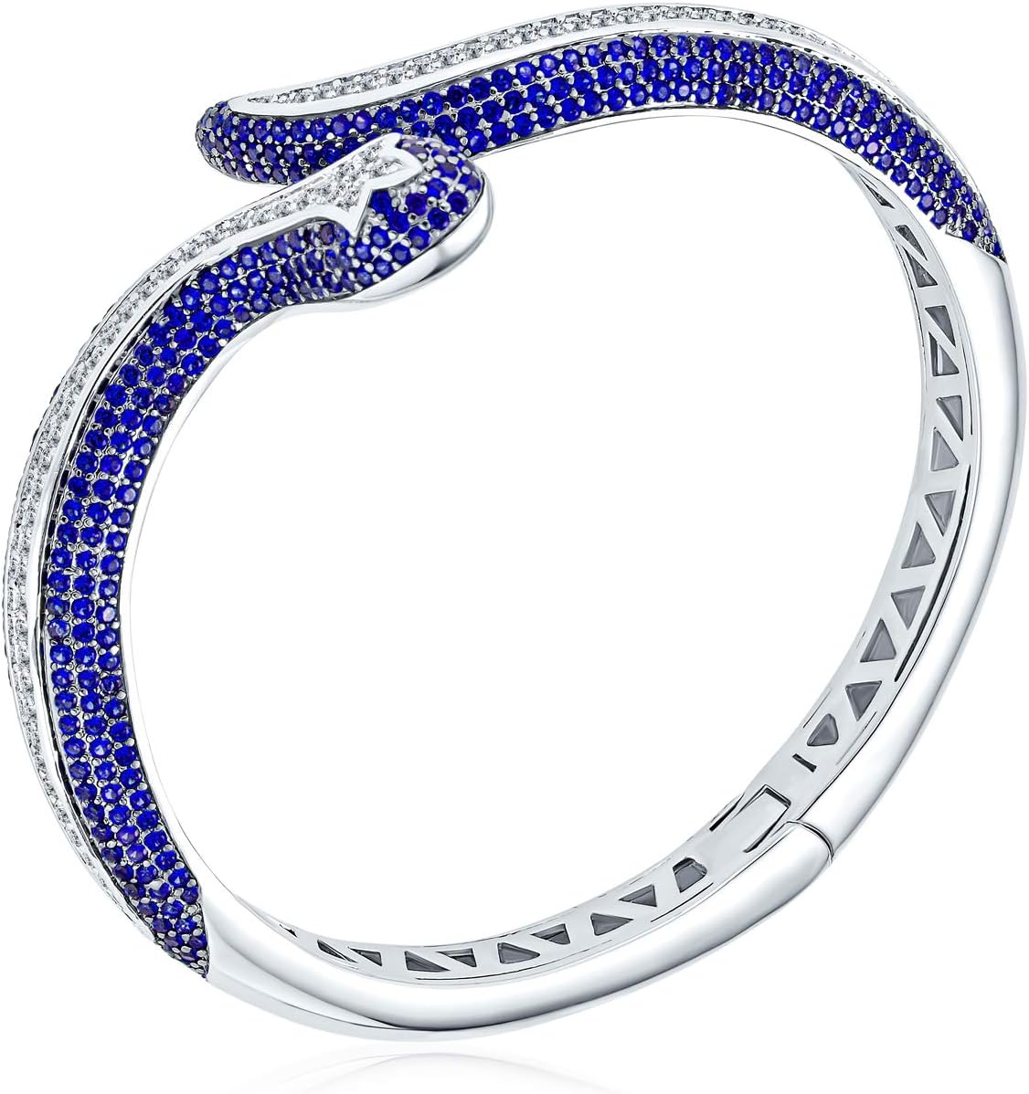 Black White Simulated Blue Sapphire or Emerald Egyptian Serpent Style Green Eye CZ Cubic Zirconia Bypass Wrapping Statement Snake Cuff Bangle Bracelet For Women 18K Yellow Gold & Silver Plated Brass - Image 2