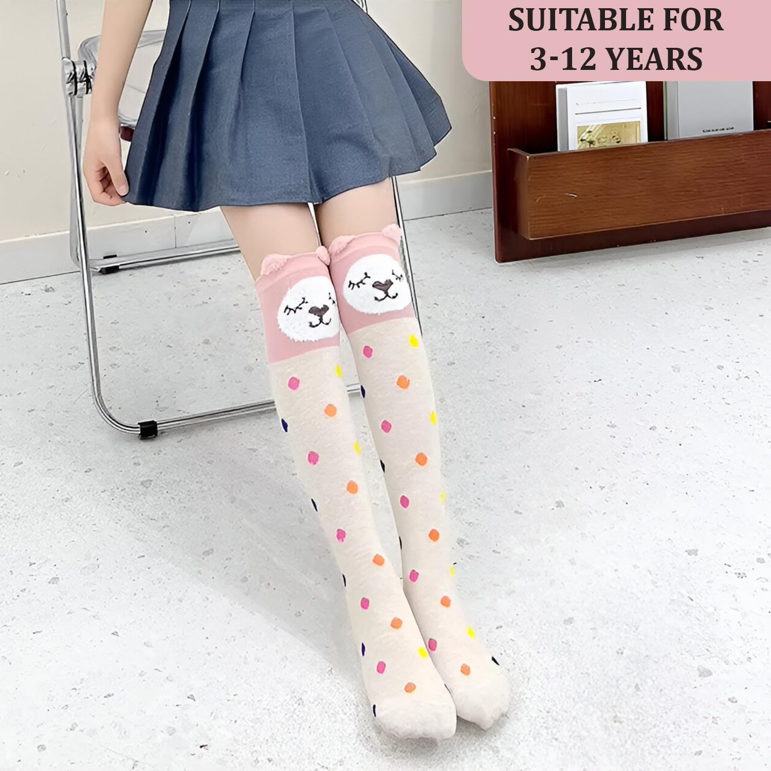 MOMISY 1 Pair of Baby Spring Winter And Autumn Combed Cotton Long Tube Knee-High Socks Suitable Age of 3 to 12 Years (PolkaBear, 3-12Y) 1