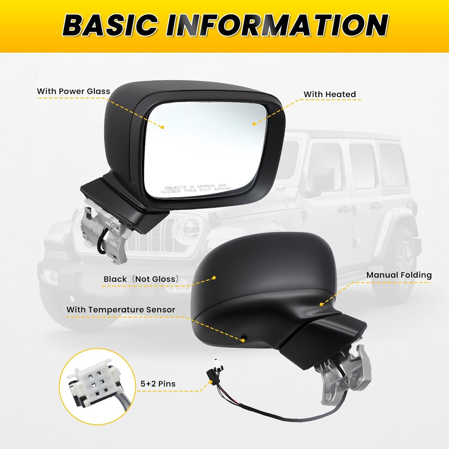 Black Right Passenger Side Mirror Assembly Compatible with Renegade 2015-2023 with Heated & Temperature Sensor & Manual Folding and Power Glass CH1321440 (5+2 Pins)
