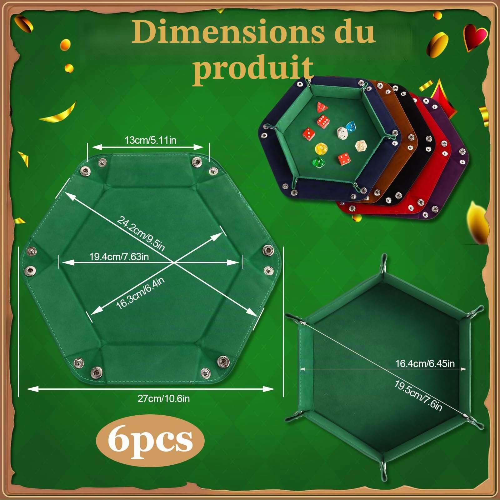 Lot de 6 Plateaux à Dés Double Face Hexagonaux, 6 Couleurs, Pliable, En Cuir, Pour Donjons, Jeux de Dés et Autres Jeux de Table