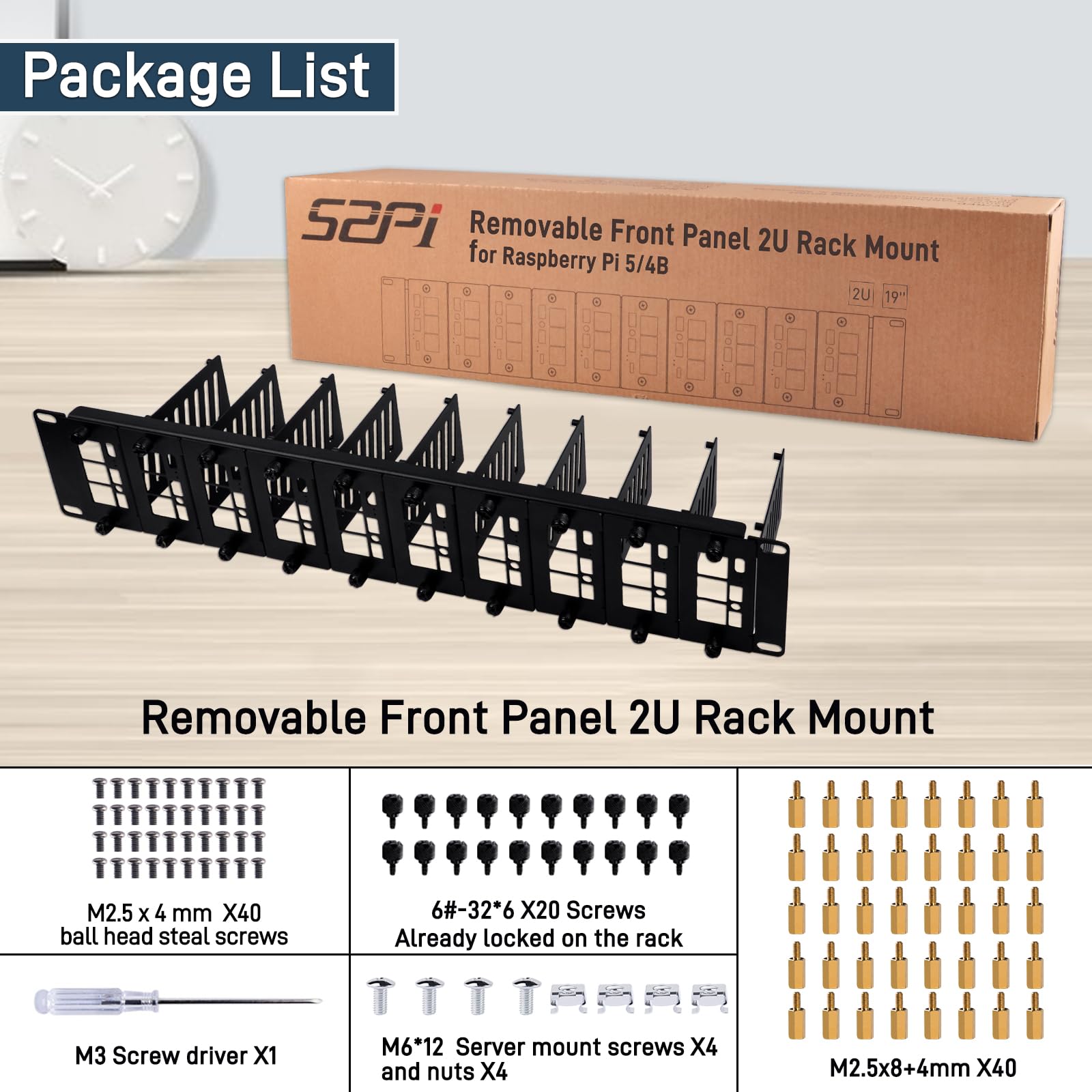 GeeekPi 19 Zoll 2U Rackmount für Raspberry Pi 5/4B/3B+/3B, mit abnehmbaren Fronthalterungen, kompatibel mit 19 Zoll Serverschränken