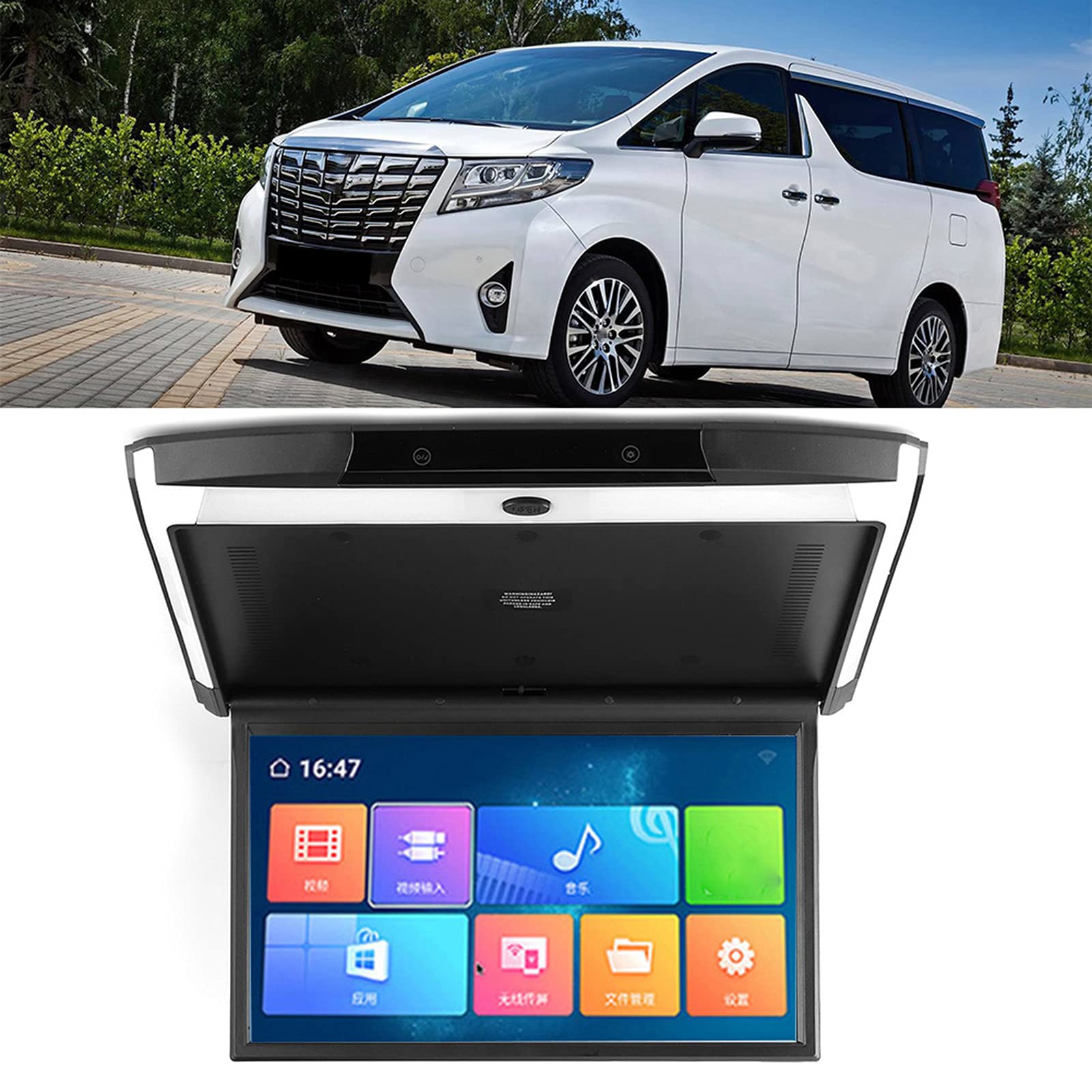 Monitor De Techo para Coche De 17,3 Pulgadas, Monitor Abatible IPS De 1080P, Montaje En Techo, Bluetooth, TV, WiFi, HDMI, USB, SD, FM, MP5, Altavoz, Reproductor para Android 8,1