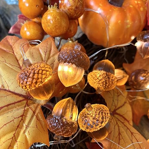 Miniatura 7 de JASHIKA Guirnalda de luces 3D Twinkle Bellota para decoración de otoño, alambre de cobre de 10 pies, 30 luces LED alimentadas por pilas con