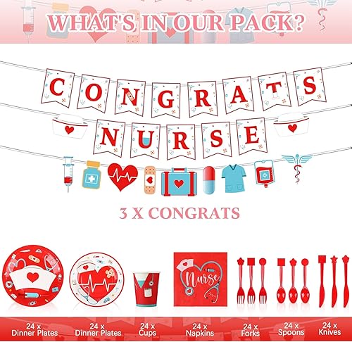 Miniatura 2 de Zubebe 173 piezas de suministros para fiesta de graduación de enfermeras 2025 para servir a 24 invitados, pancartas de enfermera, platos de postre,