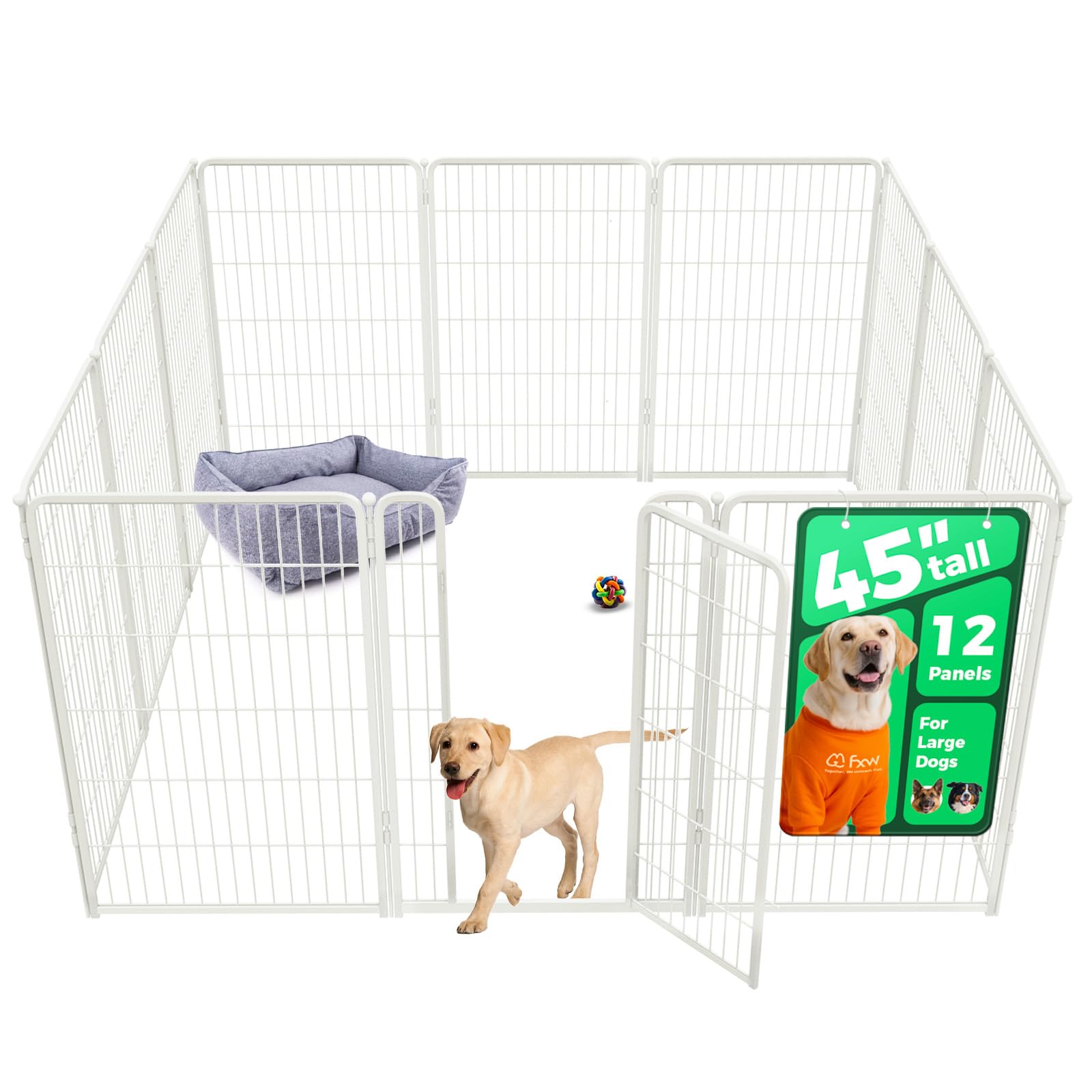 FXW Homeplus Unleashed Indoor Dog Playpen - Stress-Free and Safe Play, Heavy Duty 45 Inch 12 Panels Dog Pen for Large Dogs, White│Patented