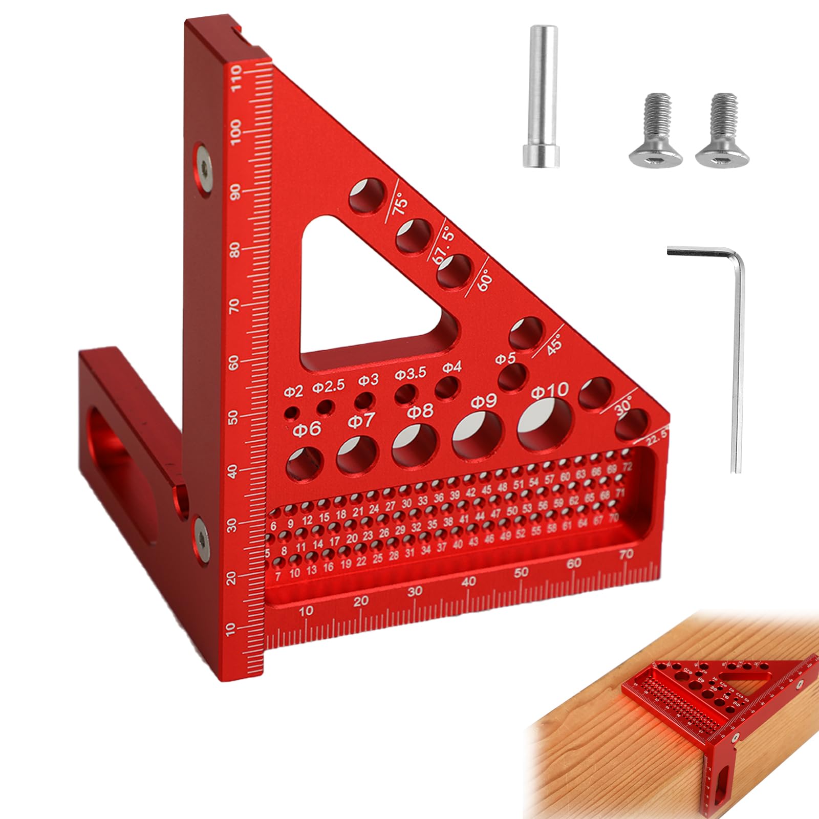 Escuadra Carpintero 3D - 22,5° a 90° - herramienta de carpintería de alta precisión en aleación de aluminio - 3 en 1: trazado/perforado/medición - adecuada para carpinteros e ingenieros (Rojo)
