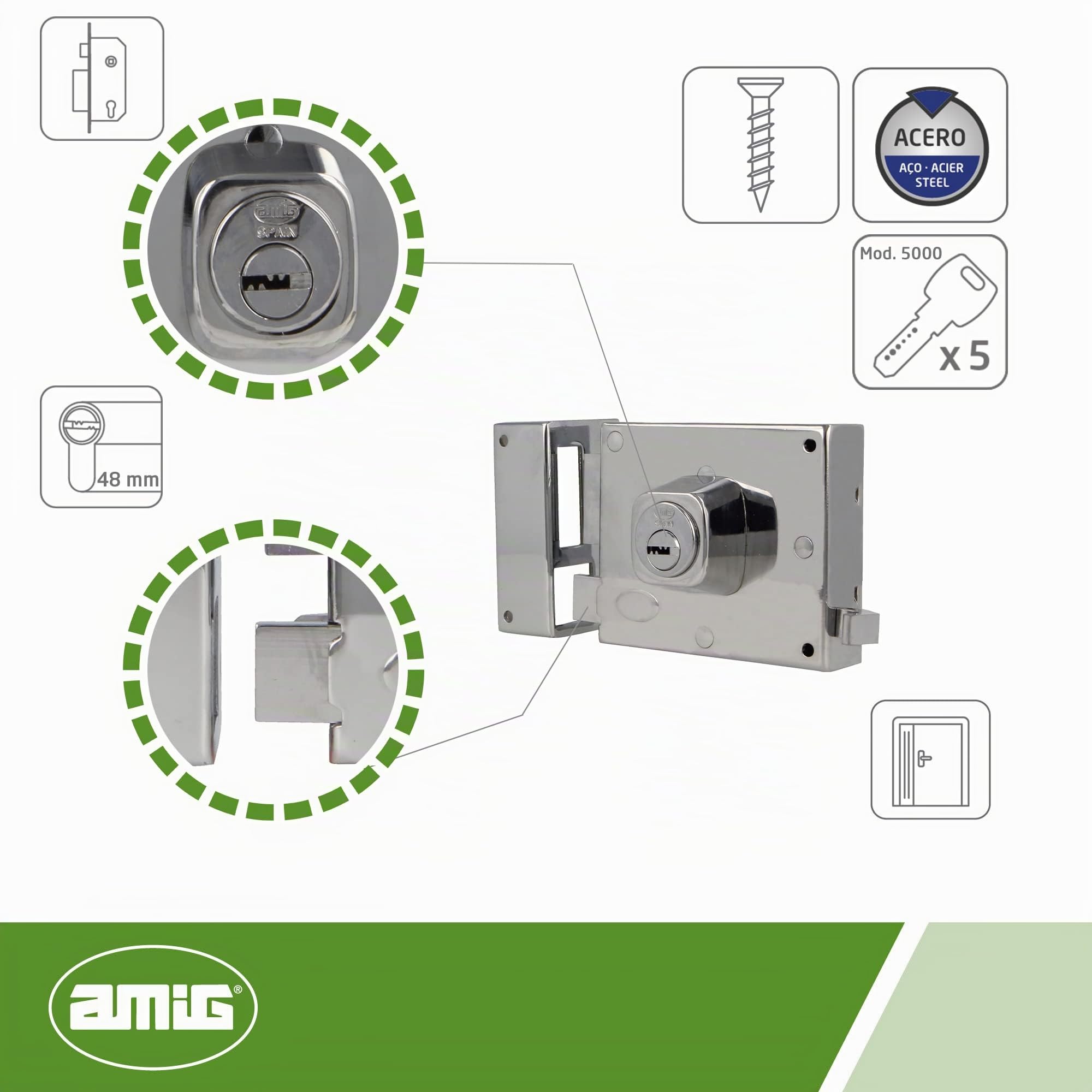 Amig - Cerradura de Sobreponer de Izquierda con Palanca de Cierre, Lengüeta y Tirador para Puertas de Madera Mod. 73, 100 x 85 mm, Pestillo Con Cilindro Europerfil, Acero Plateado