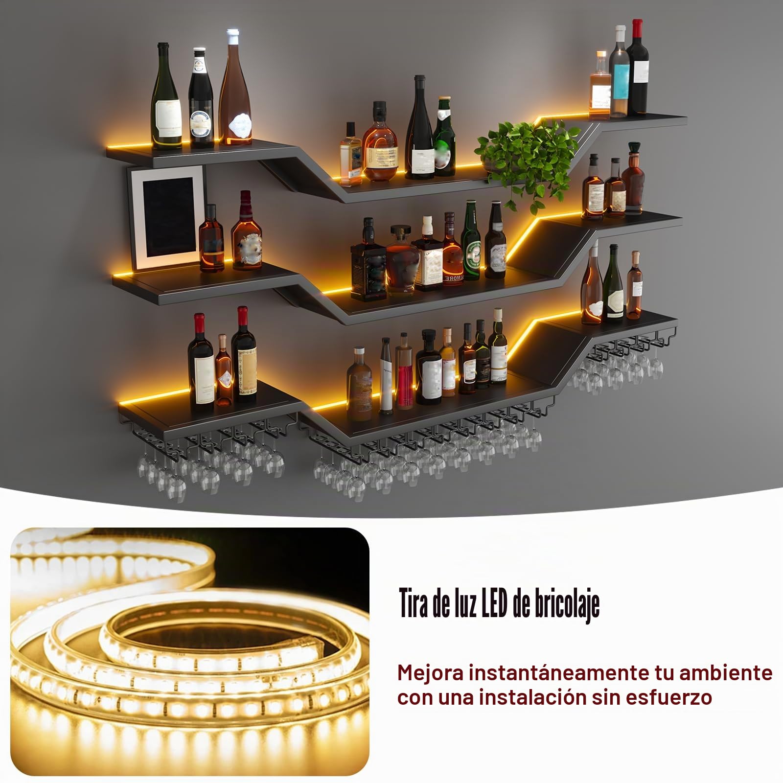 Industrial Metal Vino para con Portavasos, Grande Botellero de Pared de Metal con luz LED, 3 Niveles Flotante para Vino exhibición, de hogar Restaurante Bares (Negro, 200cm)