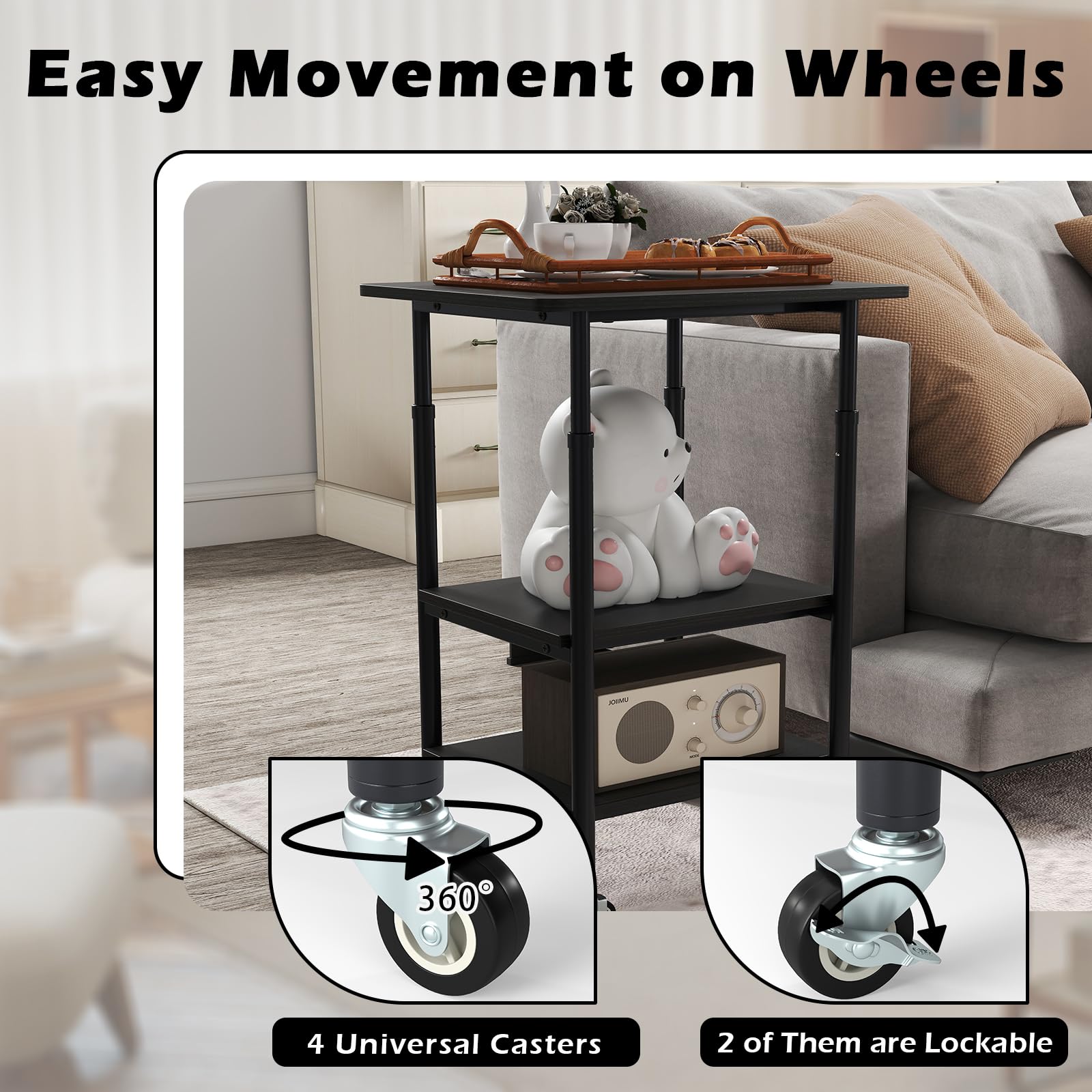 GIANTEX Soporte de Impresora con 4 Ruedas, Mesa de 3 Niveles, Tablero con Altura Ajustable, Estructura de Metal, 49 x 40 x 65-77 cm, Carrito Auxiliar para Oficina, Salón, Dormitorio (Negro)